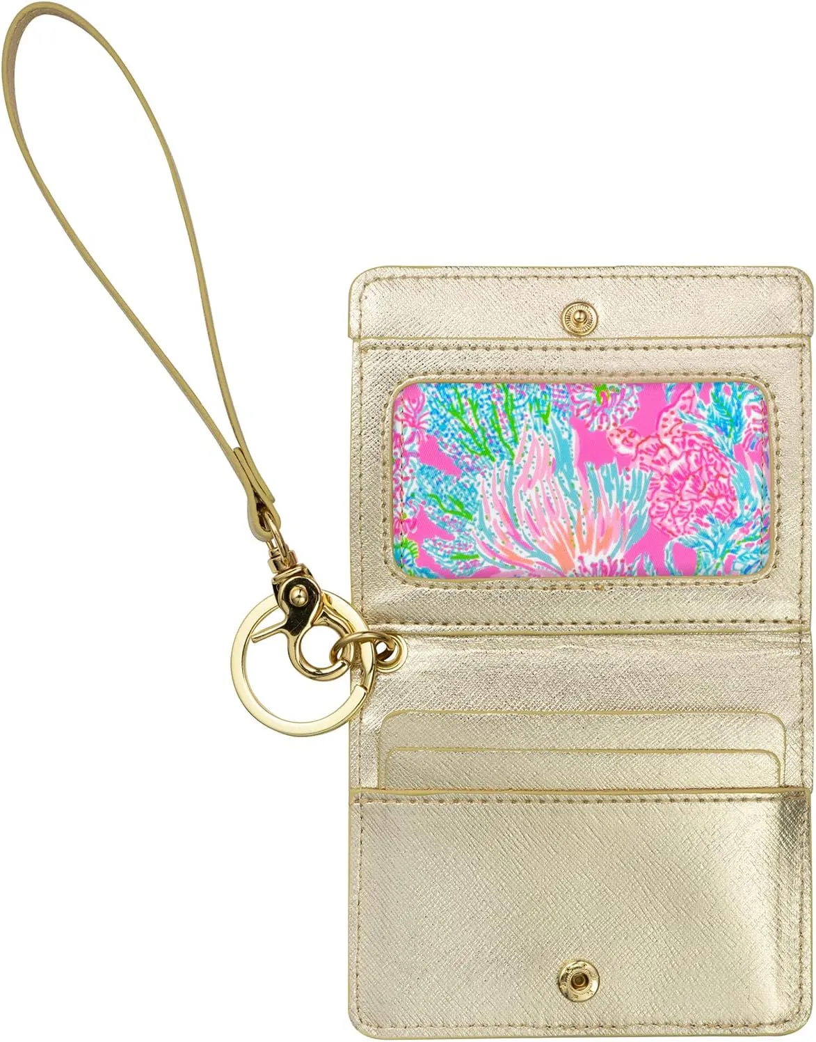 Lilly Pulitzer Snap ID Card Case, Cute Pink Keychain Wallet, Slim Credit Card Holder with Wristlet Strap, Seaing Things