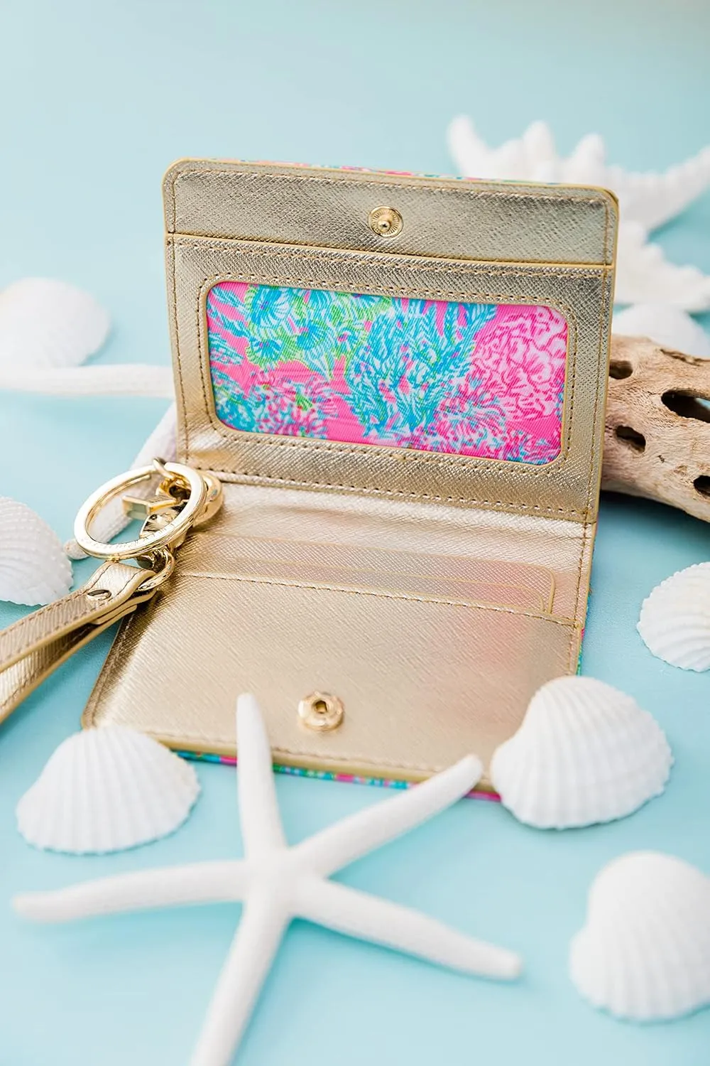 Lilly Pulitzer Snap ID Card Case, Cute Pink Keychain Wallet, Slim Credit Card Holder with Wristlet Strap, Seaing Things