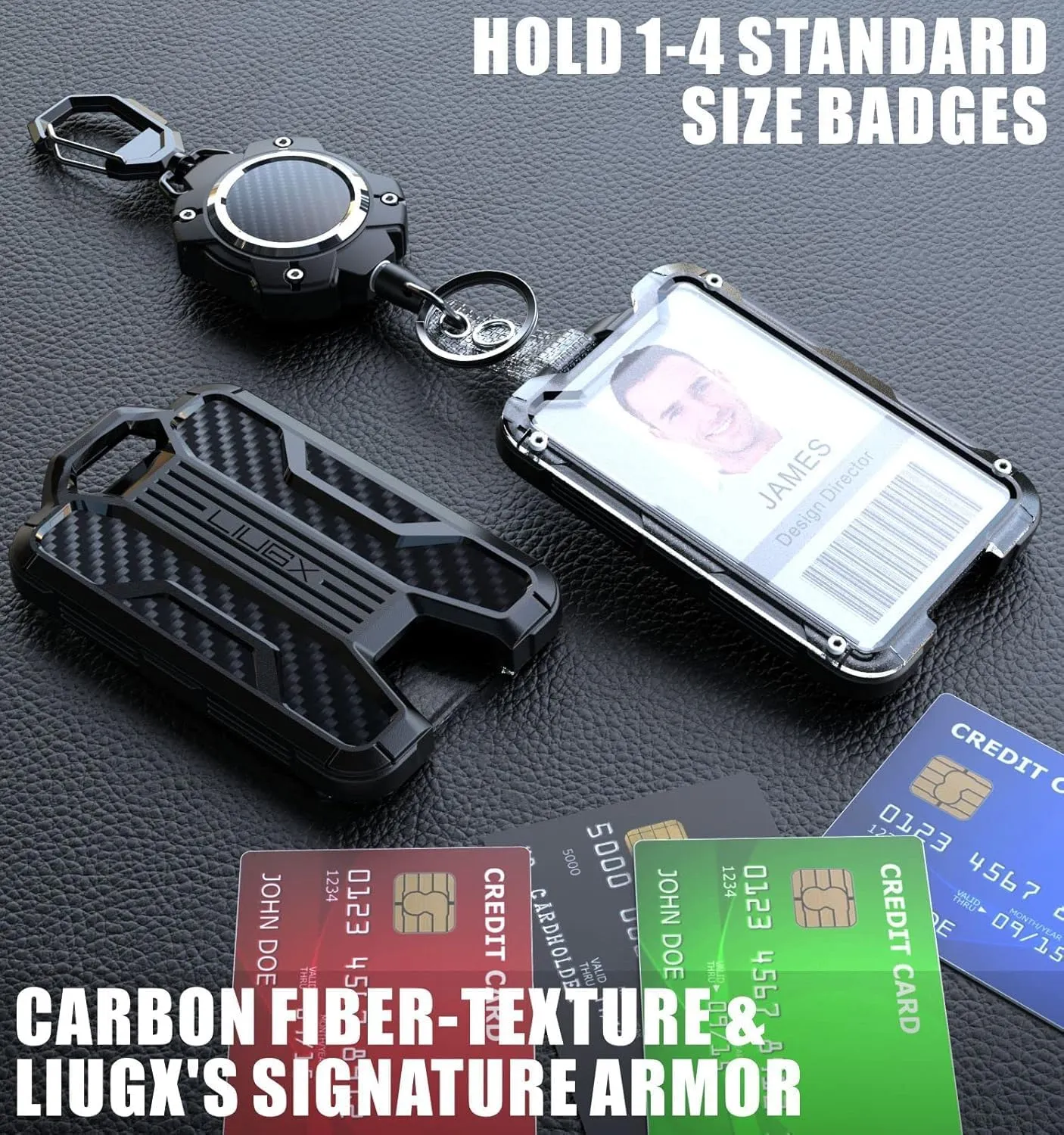 LIUGX Retractable Badge Holders, Heavy Duty Carabiner Keychain Clip,Durable ID Card Holder (Holds 4 Cards), with 31.5” Retractable Badge Reel,10,000  Rebound,Carbon Fiber-Texture,White