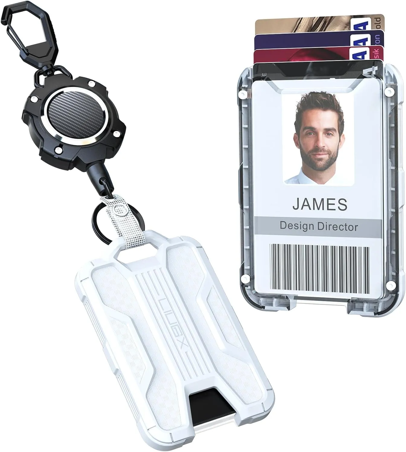 LIUGX Retractable Badge Holders, Heavy Duty Carabiner Keychain Clip,Durable ID Card Holder (Holds 4 Cards), with 31.5” Retractable Badge Reel,10,000  Rebound,Carbon Fiber-Texture,White