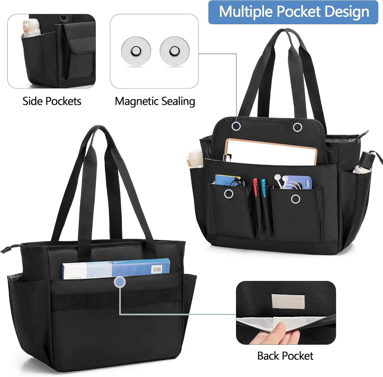 LoDrid File Tote Bag with Extra Document Organizer Case for Letter Size File Folders, Large Utility Bag with 15.6” Laptop Padded Sleeve for Work, Business, Black