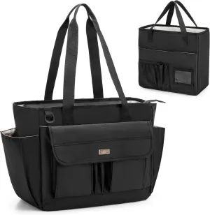 LoDrid File Tote Bag with Extra Document Organizer Case for Letter Size File Folders, Large Utility Bag with 15.6” Laptop Padded Sleeve for Work, Business, Black