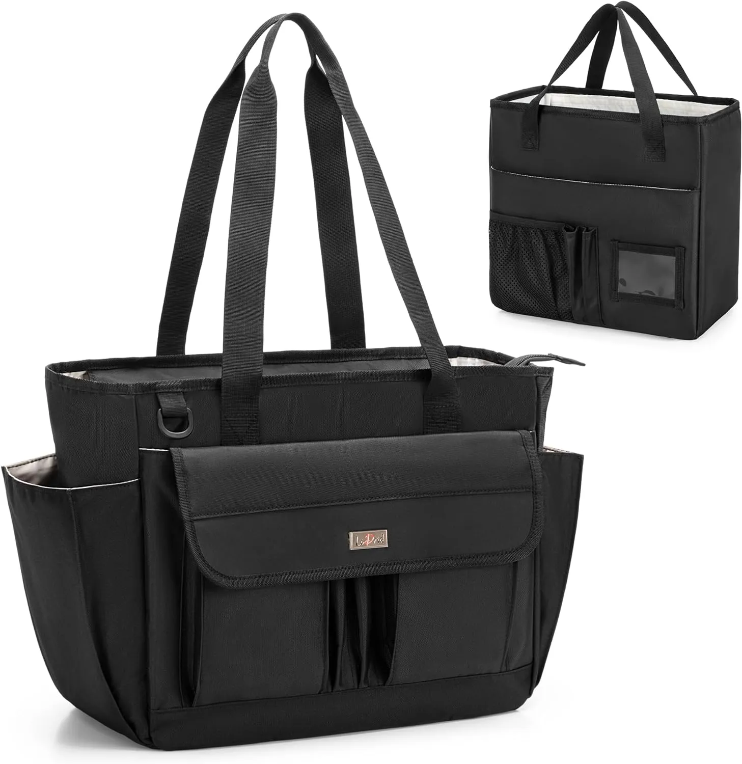 LoDrid File Tote Bag with Extra Document Organizer Case for Letter Size File Folders, Large Utility Bag with 15.6” Laptop Padded Sleeve for Work, Business, Black
