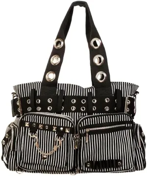 Lost Queen Striped Punk Rock Steampunk Purse with Handcuff Skull Charm (White), Medium