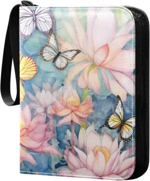 Lotus Painting Card Binder 4-Pockets, 400 Pockets Card Holder with 50 Removable Sleeves, Trading Card Collector Zipper Album Holder, Collector Album