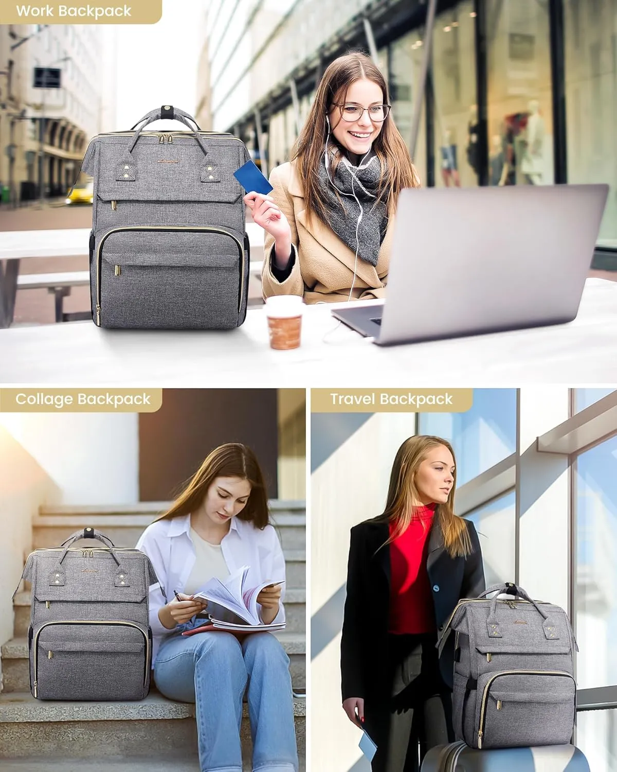 LOVEVOOK Laptop Backpack for Women, 15.6 Inch Travel Backpack with Laptop Compartment, Water Resistant Work Backpack for Teacher Nurse Doctor, Anti-theft Computer Bag with Charger, Grey