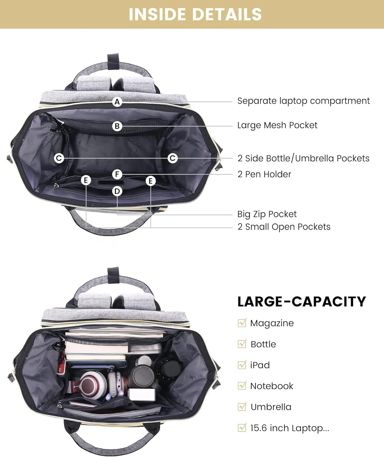 LOVEVOOK Laptop Backpack for Women, 15.6 Inch Travel Backpack with Laptop Compartment, Water Resistant Work Backpack for Teacher Nurse Doctor, Anti-theft Computer Bag with Charger, Grey