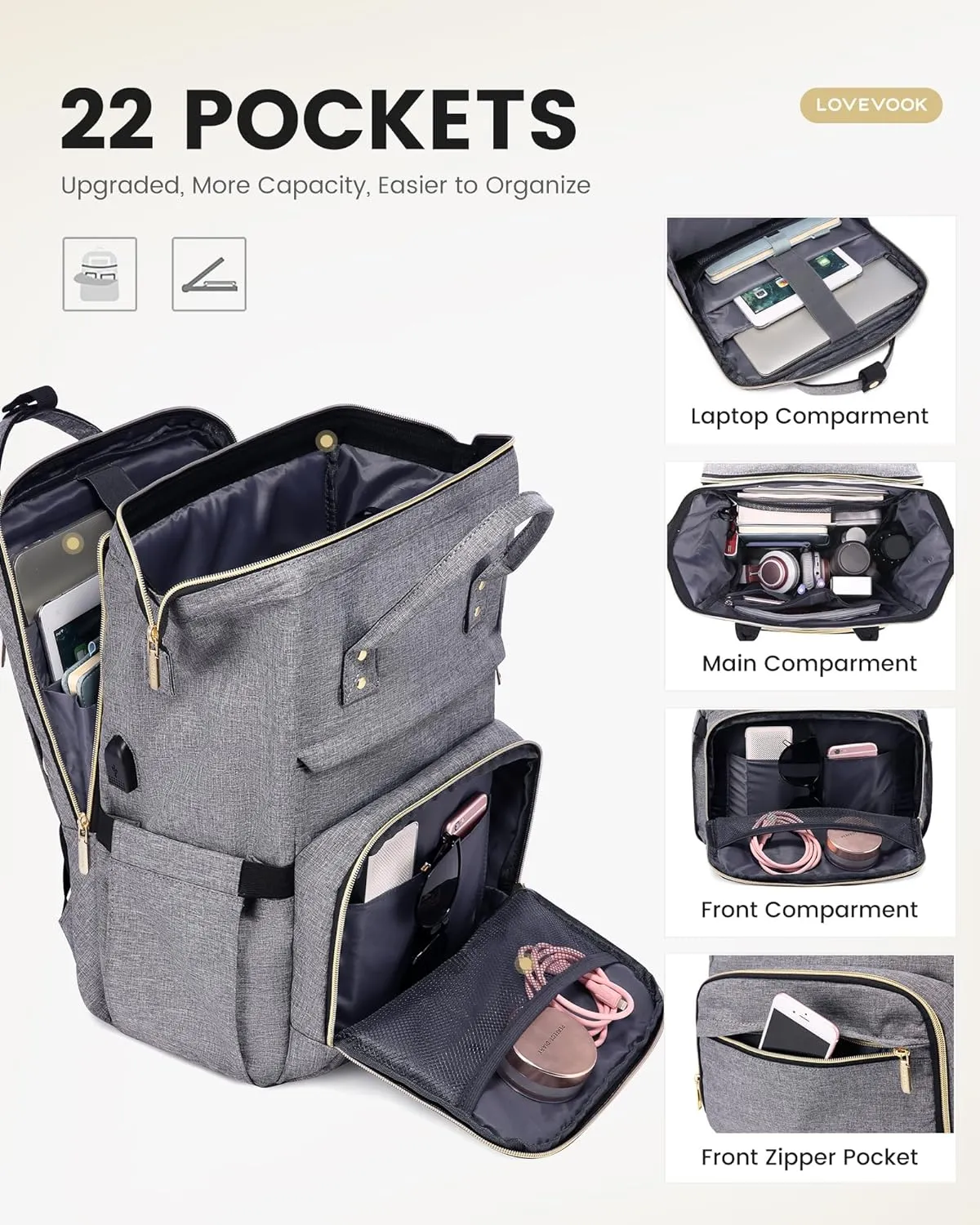 LOVEVOOK Laptop Backpack for Women, 15.6 Inch Travel Backpack with Laptop Compartment, Water Resistant Work Backpack for Teacher Nurse Doctor, Anti-theft Computer Bag with Charger, Grey