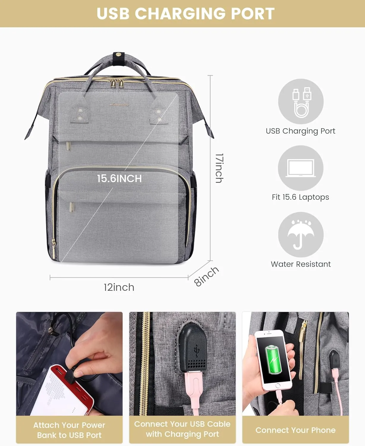 LOVEVOOK Laptop Backpack for Women, 15.6 Inch Travel Backpack with Laptop Compartment, Water Resistant Work Backpack for Teacher Nurse Doctor, Anti-theft Computer Bag with Charger, Grey