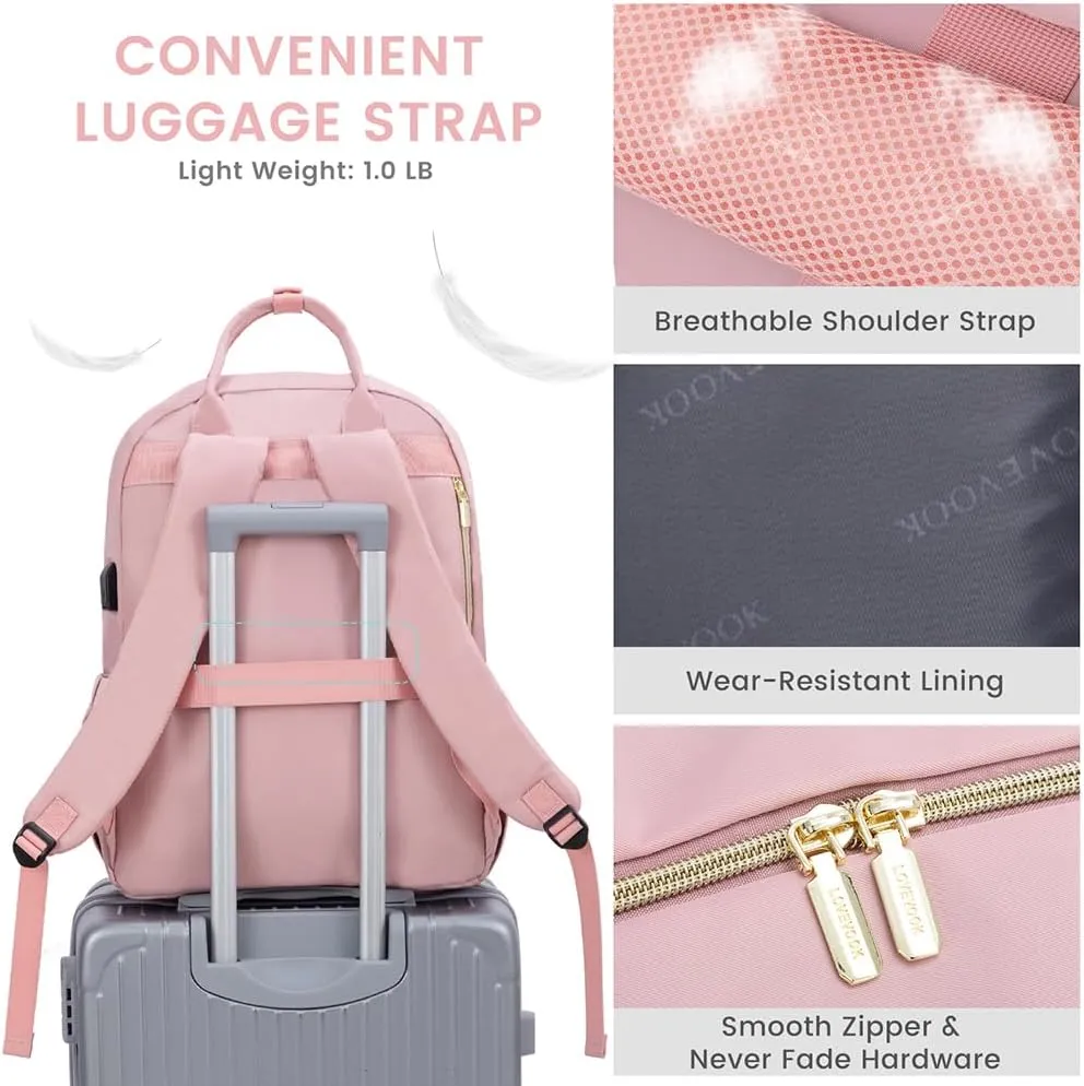 LOVEVOOK Laptop Backpack for Women, Water Resistant Travel Work Backpacks Purse Stylish Business Teacher Nurse Computer Bag with USB Charging Port,Pink