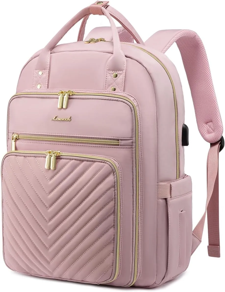 LOVEVOOK Laptop Backpack for Women, Water Resistant Travel Work Backpacks Purse Stylish Business Teacher Nurse Computer Bag with USB Charging Port,Pink