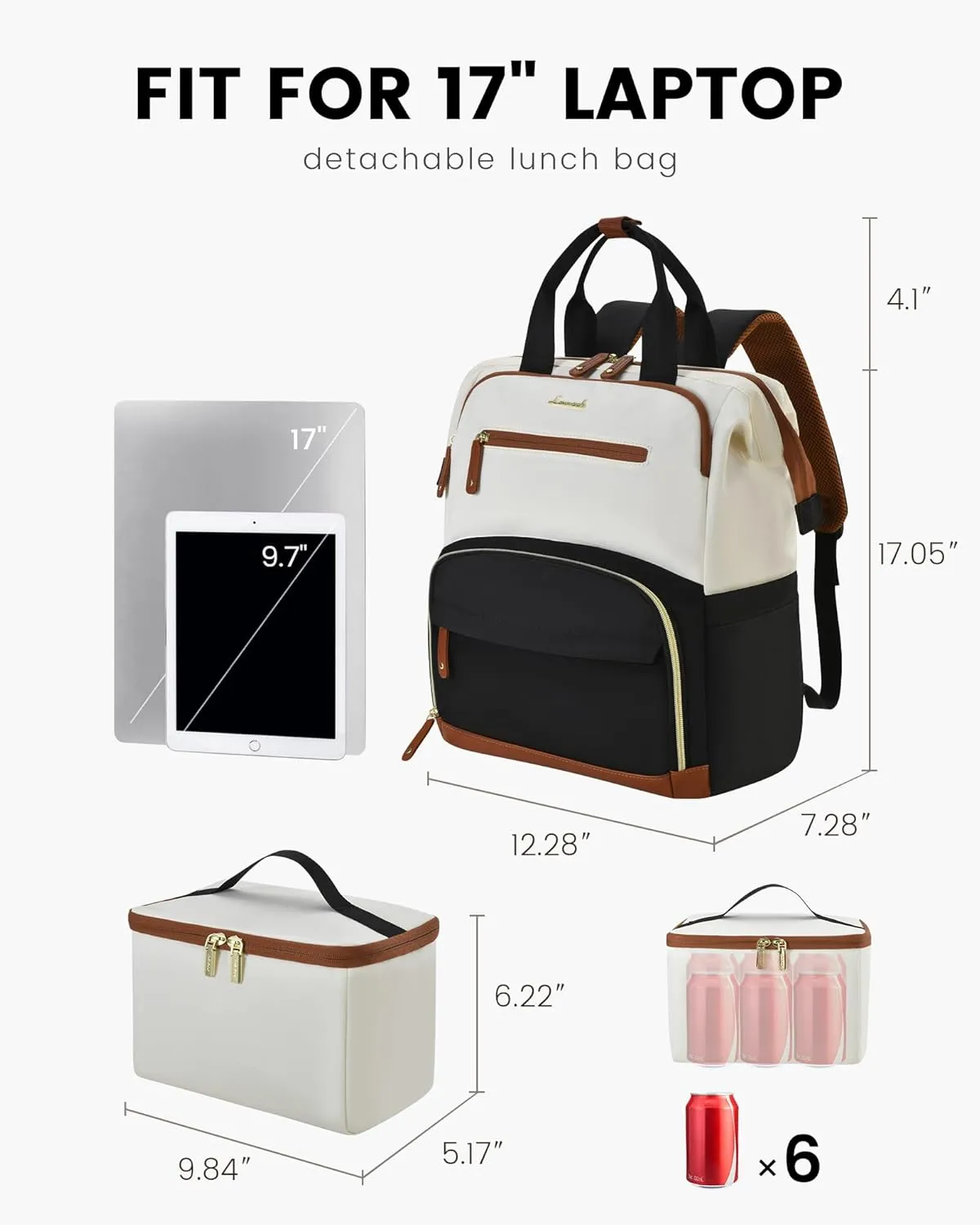 LOVEVOOK Lunch Backpack for Women, 17 Inch Laptop Bag with Insulated Cooler Lunch Box, Work Backpack for Teacher Nurse, Travel Backpack Lunch Bag for Camping Picnic Daily Use