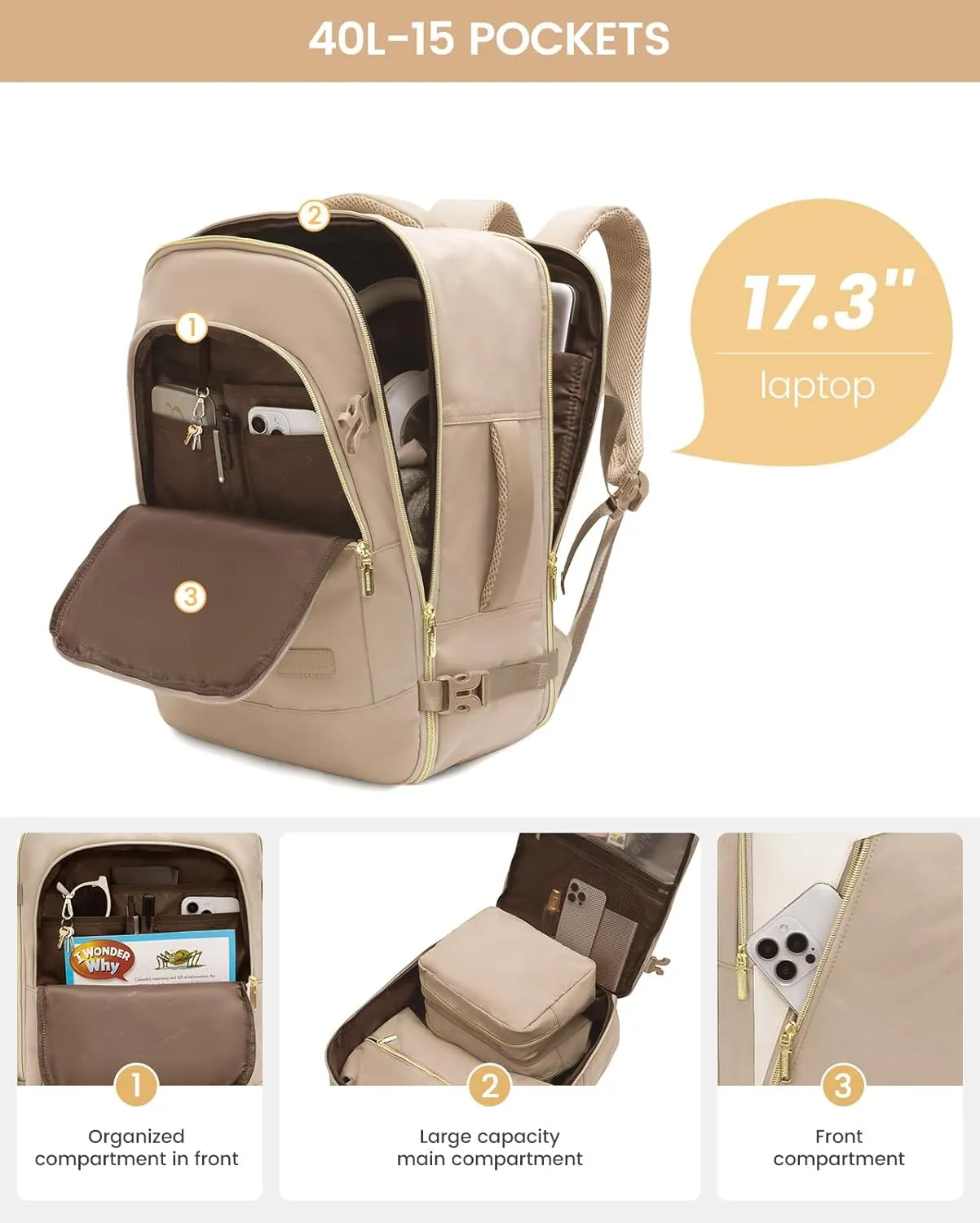 LOVEVOOK Travel Backpack for Women, 40L Carry on Backpack for Airplanes, Large TSA Personal Item Travel Bag Fits 17.3" Laptop, Water-Resistant Business Weekender Backpack, 4Pcs