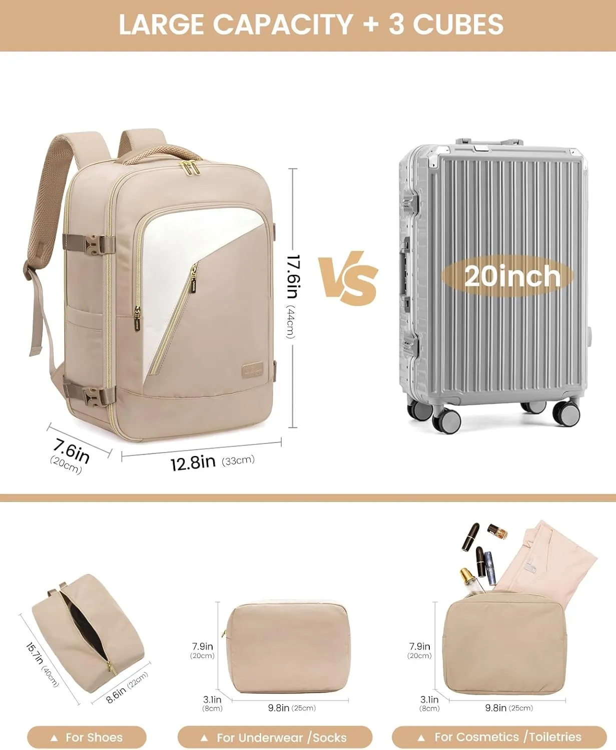 LOVEVOOK Travel Backpack for Women, 40L Carry on Backpack for Airplanes, Large TSA Personal Item Travel Bag Fits 17.3" Laptop, Water-Resistant Business Weekender Backpack, 4Pcs