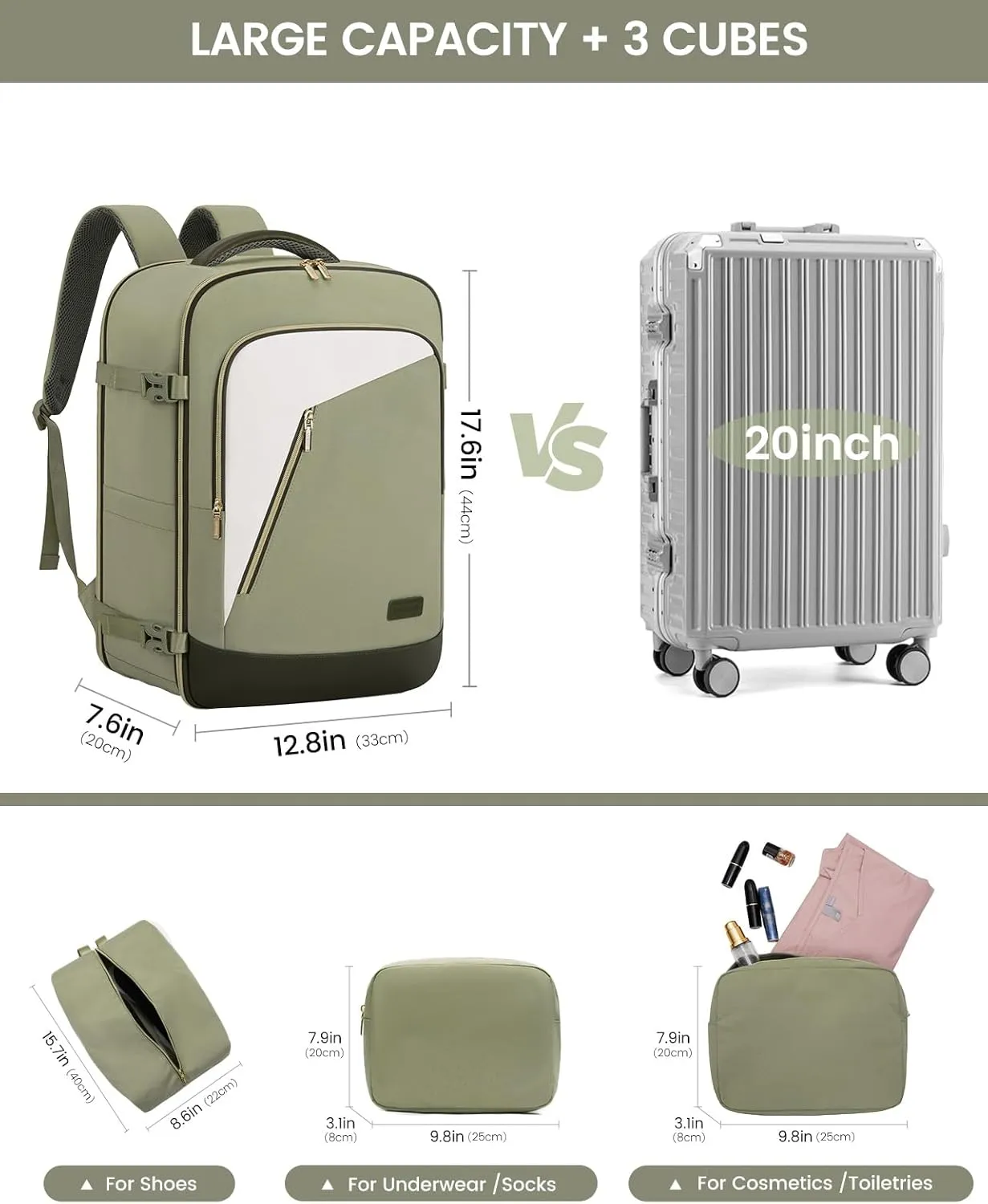 LOVEVOOK Travel Backpack for Women, 40L Carry on Backpack for Airplanes, Large TSA Personal Item Travel Bag fits 17.3" Laptop, Water-Resistant Business Weekender Backpack, 4Pcs
