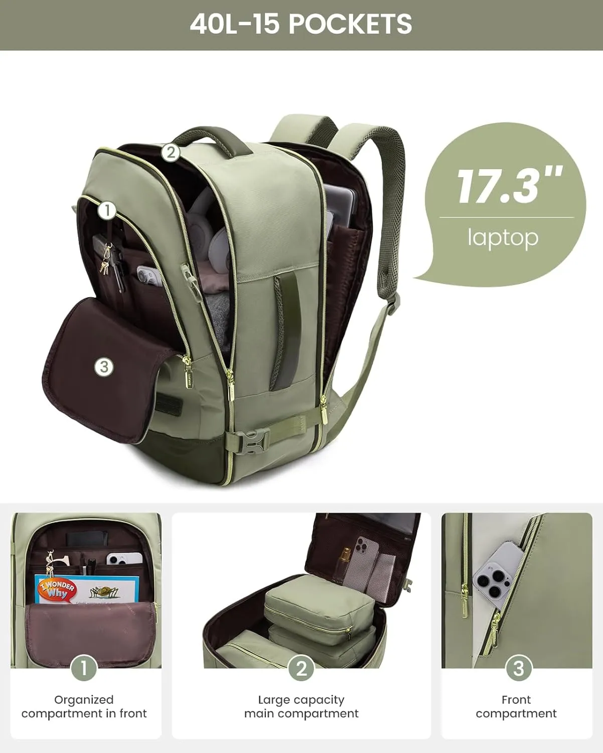 LOVEVOOK Travel Backpack for Women, 40L Carry on Backpack for Airplanes, Large TSA Personal Item Travel Bag fits 17.3" Laptop, Water-Resistant Business Weekender Backpack, 4Pcs
