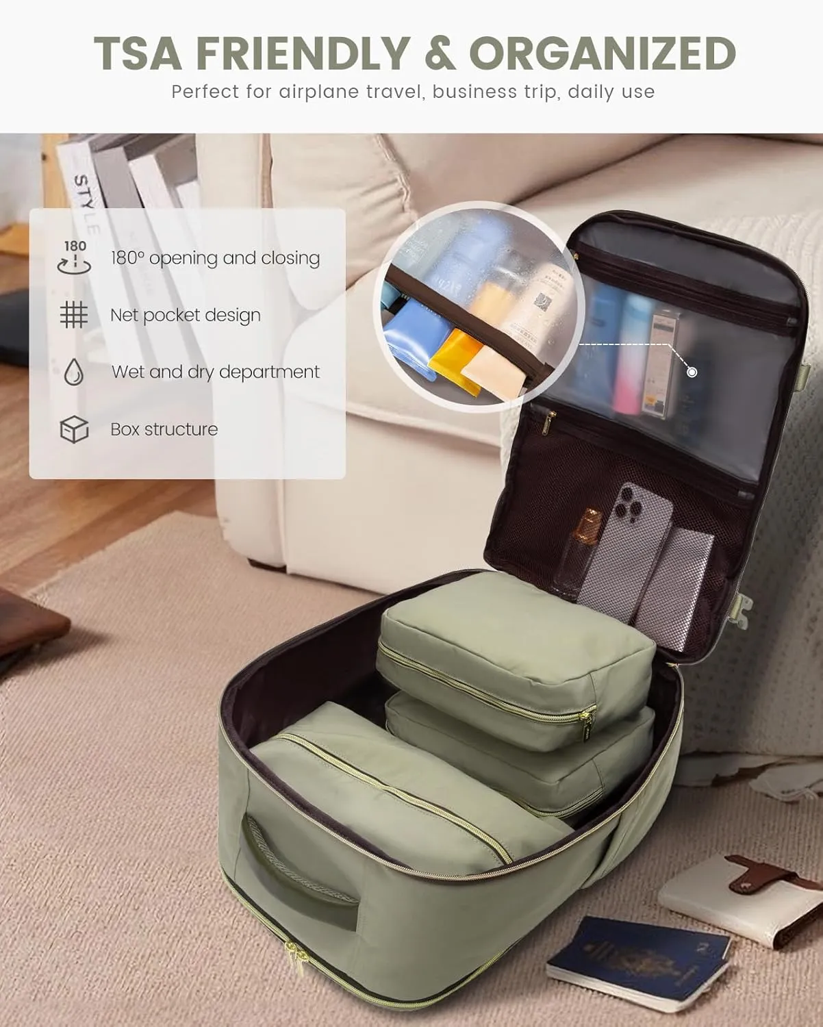 LOVEVOOK Travel Backpack for Women, 40L Carry on Backpack for Airplanes, Large TSA Personal Item Travel Bag fits 17.3" Laptop, Water-Resistant Business Weekender Backpack, 4Pcs