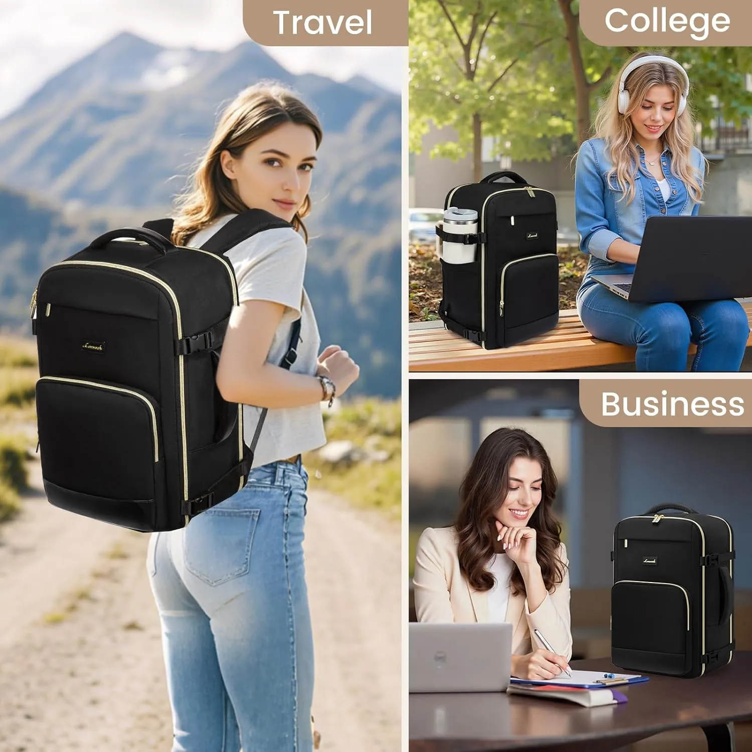 LOVEVOOK Travel Backpack for Women 50L Carry On Backpack Flight Approved,TSA Personal Item Travel Bag Fits 18" Laptop with 3 Packing Cubes,Large Waterproof Weekender Daypack,Black