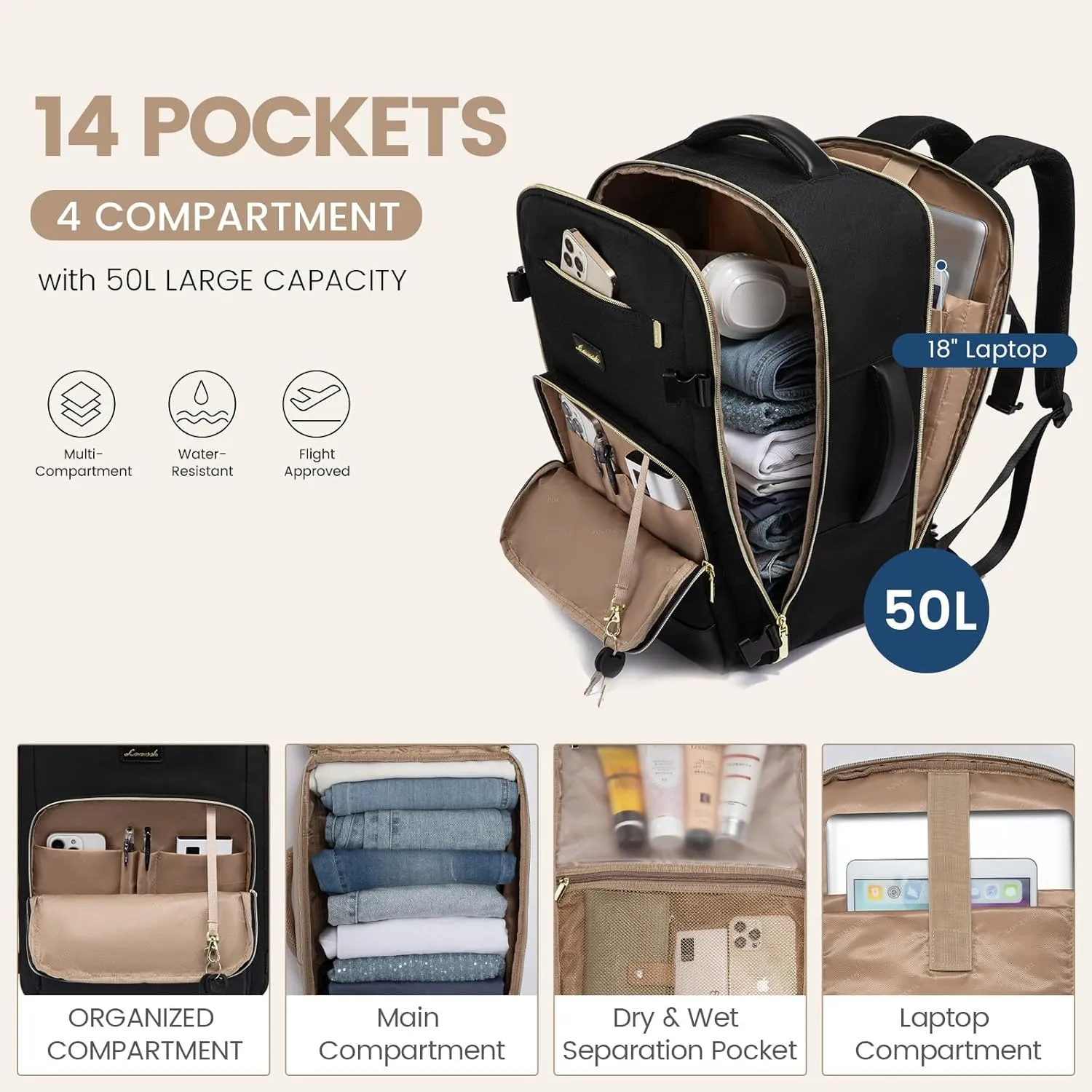 LOVEVOOK Travel Backpack for Women 50L Carry On Backpack Flight Approved,TSA Personal Item Travel Bag Fits 18" Laptop with 3 Packing Cubes,Large Waterproof Weekender Daypack,Black