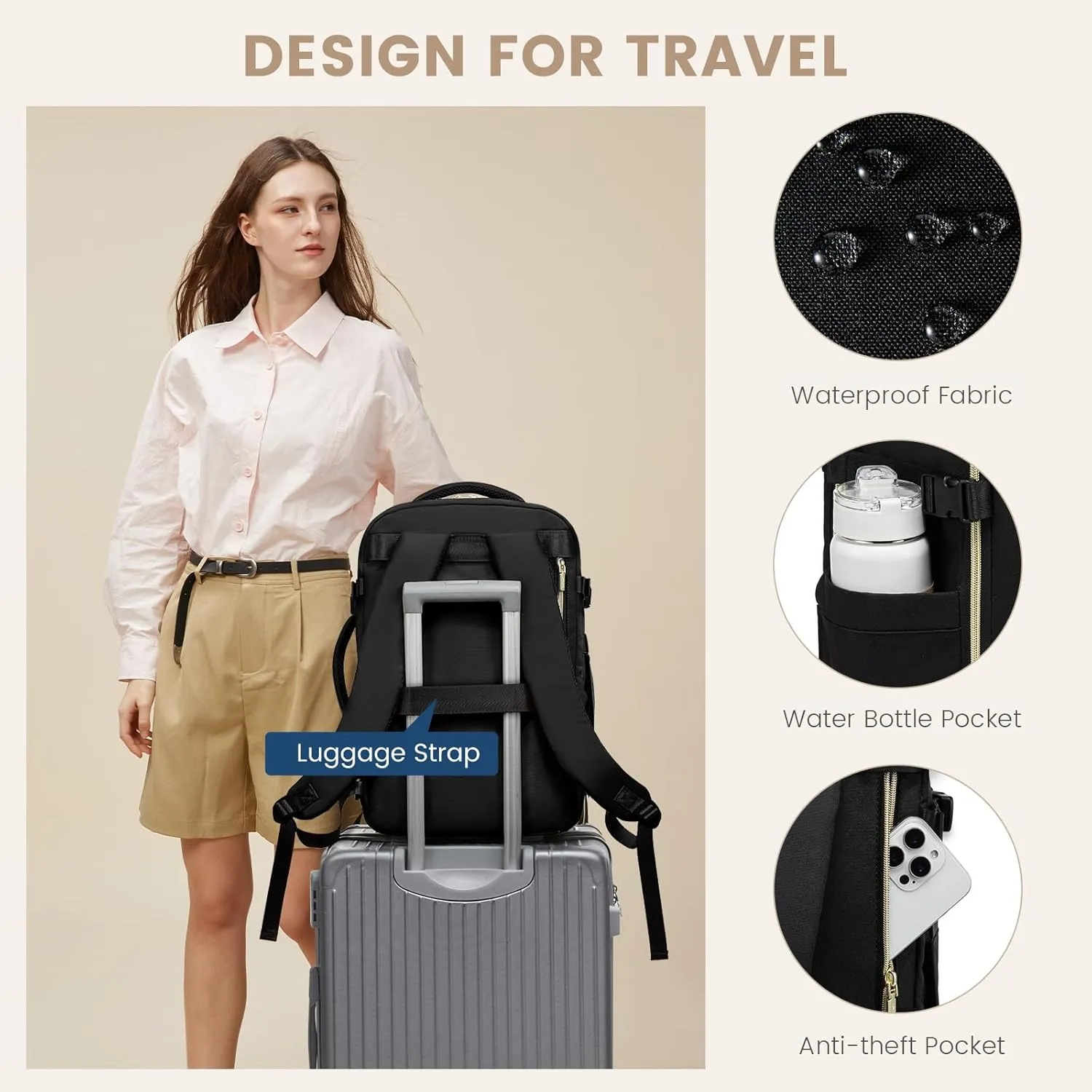 LOVEVOOK Travel Backpack for Women 50L Carry On Backpack Flight Approved,TSA Personal Item Travel Bag Fits 18" Laptop with 3 Packing Cubes,Large Waterproof Weekender Daypack,Black