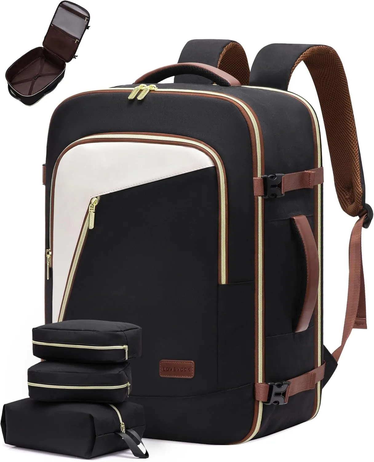 LOVEVOOK Travel Backpack for Women, 50L Carry on Backpack for Airplanes, Large TSA Personal Item Travel Bag Fits 17.3" Laptop, Water-Resistant Business Weekender Back Pack, 4Pcs