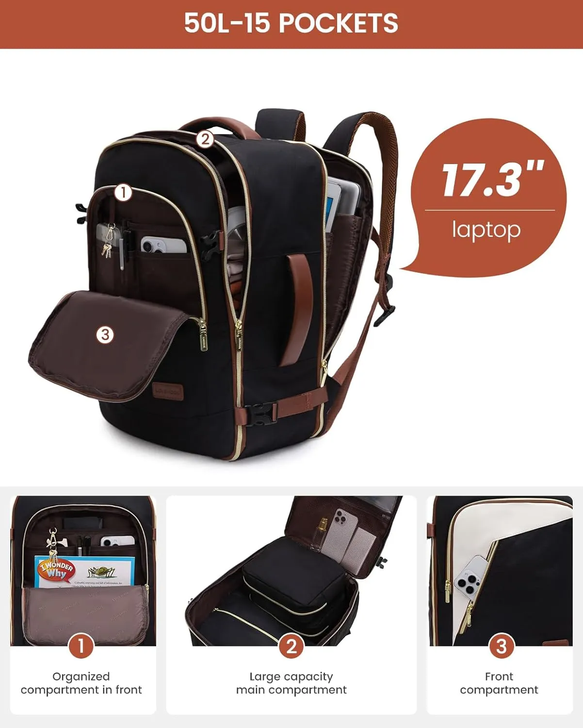 LOVEVOOK Travel Backpack for Women, 50L Carry on Backpack for Airplanes, Large TSA Personal Item Travel Bag Fits 17.3" Laptop, Water-Resistant Business Weekender Back Pack, 4Pcs