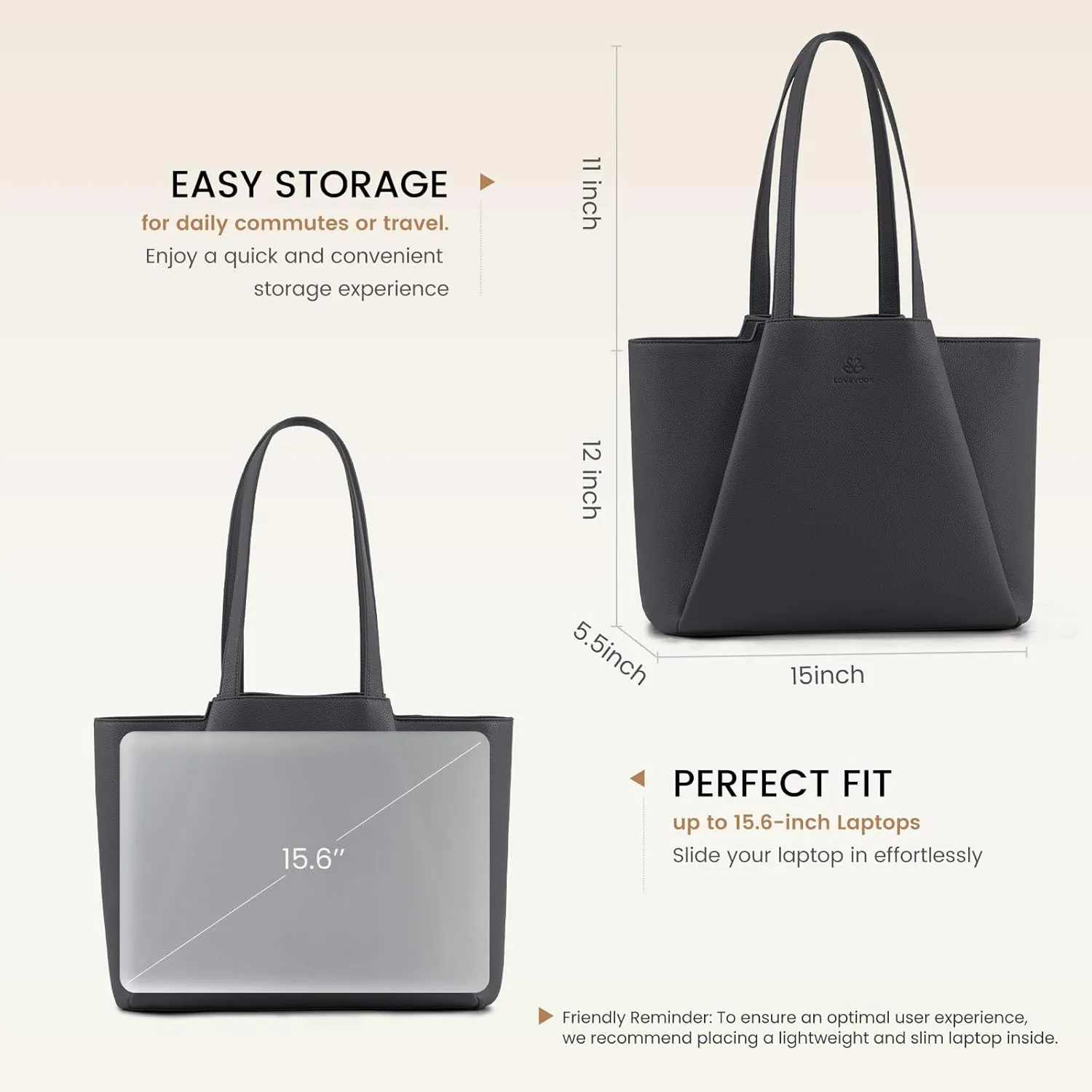 LOVEVOOK Women's Lead Gray 15.6 Inch Laptop Tote Bag, Large Capacity Work Bag with Clutch, Water Resistant PU Leather, Reinforced Bottom