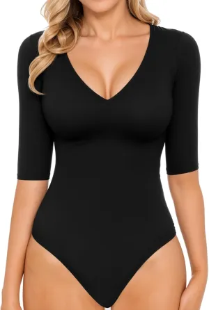 MANGOPOP Half Sleeve Bodysuit V Neck Bodysuit Shirts for Women