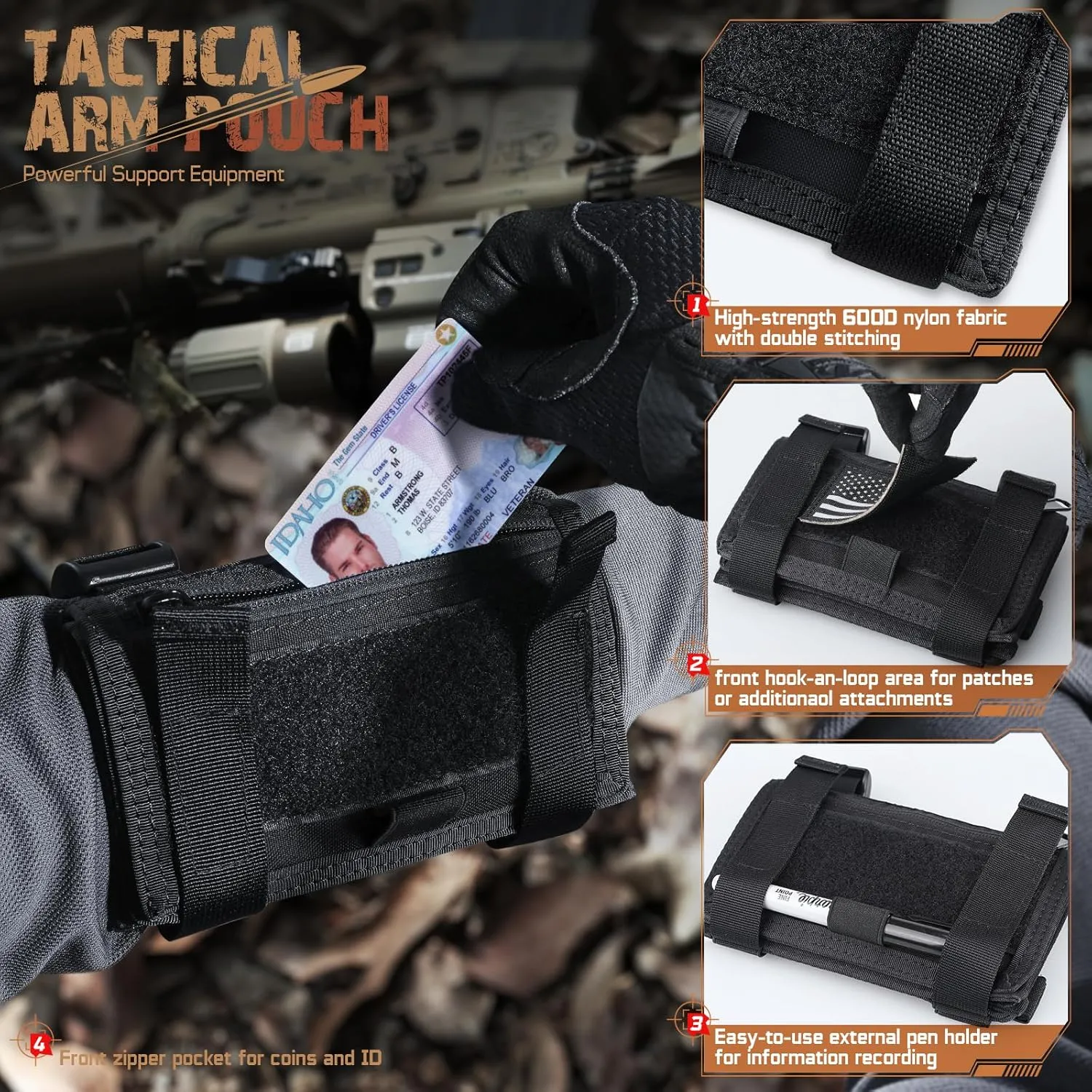 Map Case Tactical Arm Sleeve QB Wristband Map Pouch Tactical Armband Sleeve Military Arm Wrist Pouch Document DOPE Card Holder for Shooting Rescue Field Measurement, Include Flag Patch