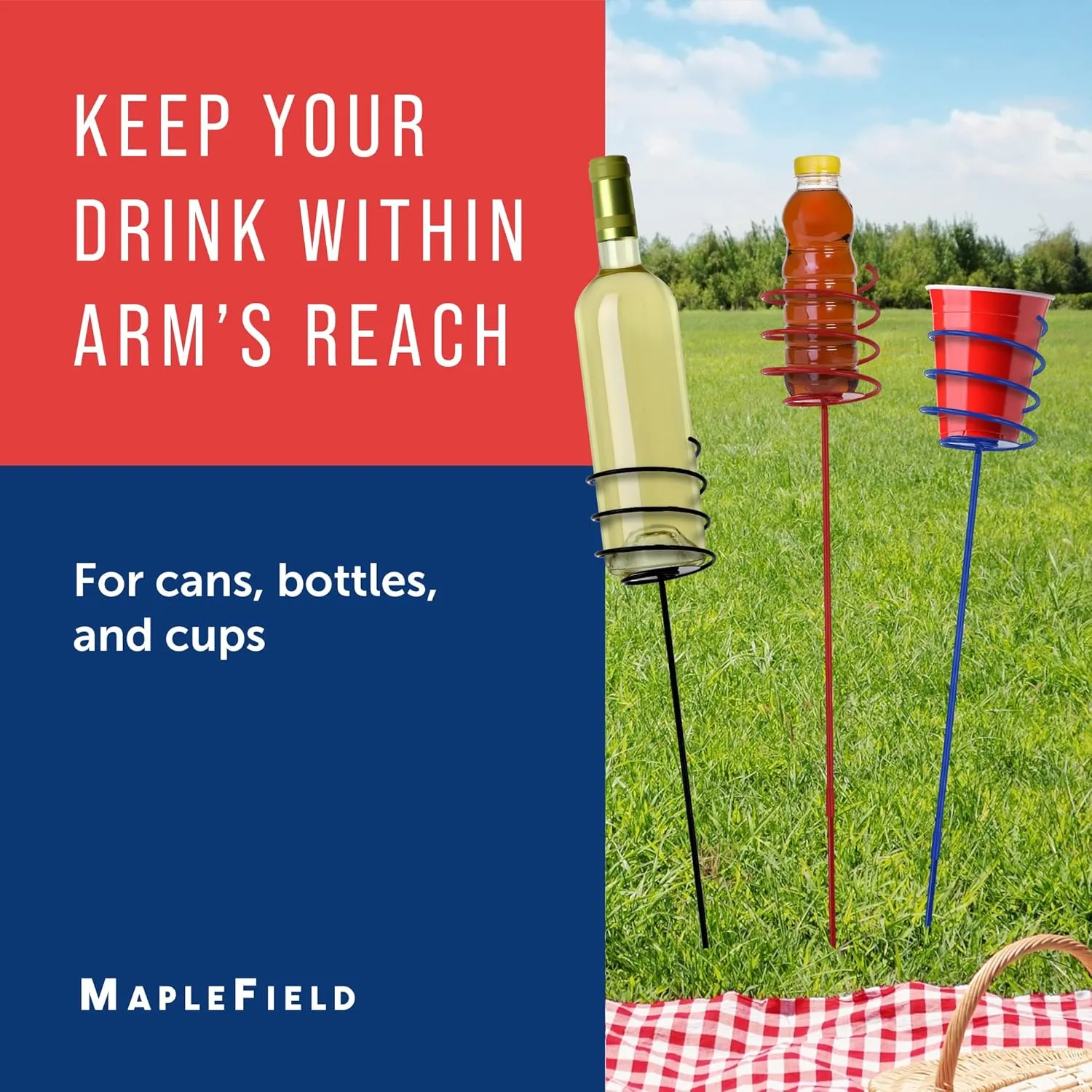 Maplefield Stick & Sip - Metal Lawn & Yard Drink Holder Stakes for Bottles, Cans, and Cups - Drink Holders - Beach, Campsites & More (Black, 4 Pack)