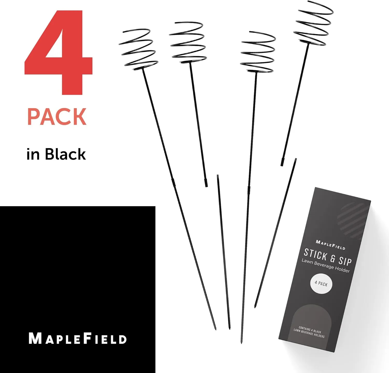 Maplefield Stick & Sip - Metal Lawn & Yard Drink Holder Stakes for Bottles, Cans, and Cups - Drink Holders - Beach, Campsites & More (Black, 4 Pack)