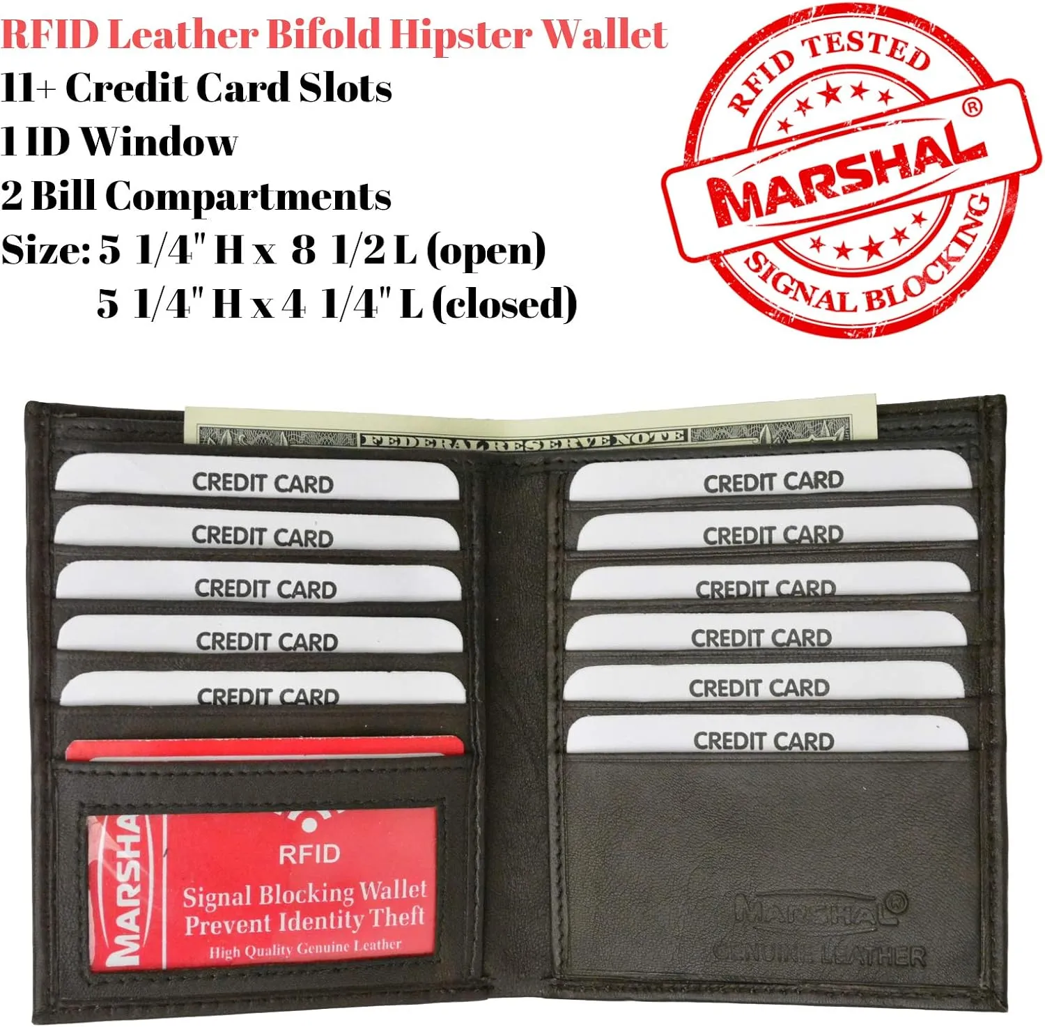 MARSHAL RFID Blocking Bifold Hipster Credit Card Wallet Premium Lambskin Leather (Brown)