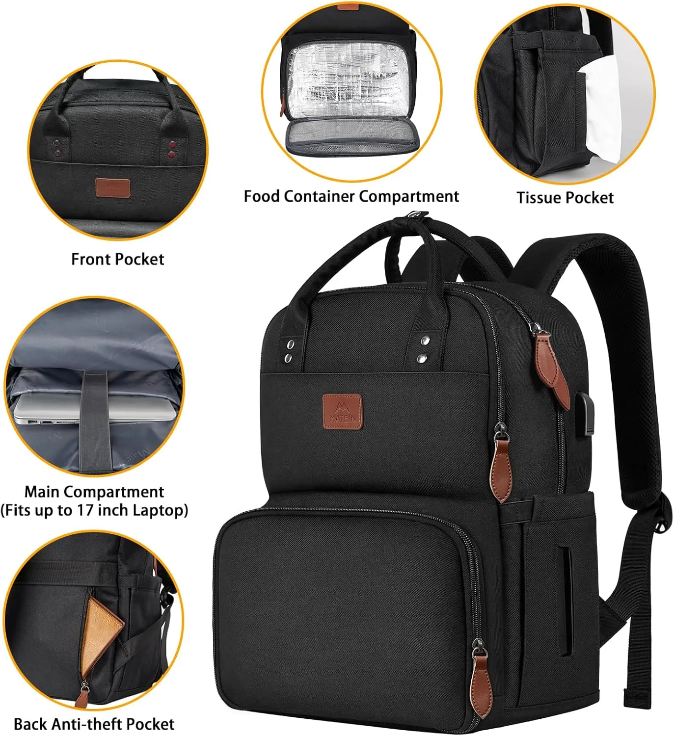 MATEIN 17 Inches Lunch Backpack, Extra Large Lunch Box with Insulated Cooler Compartment, Water Resistant Laptop Backpack with USB Charging Port for College Work Picnic Beaches