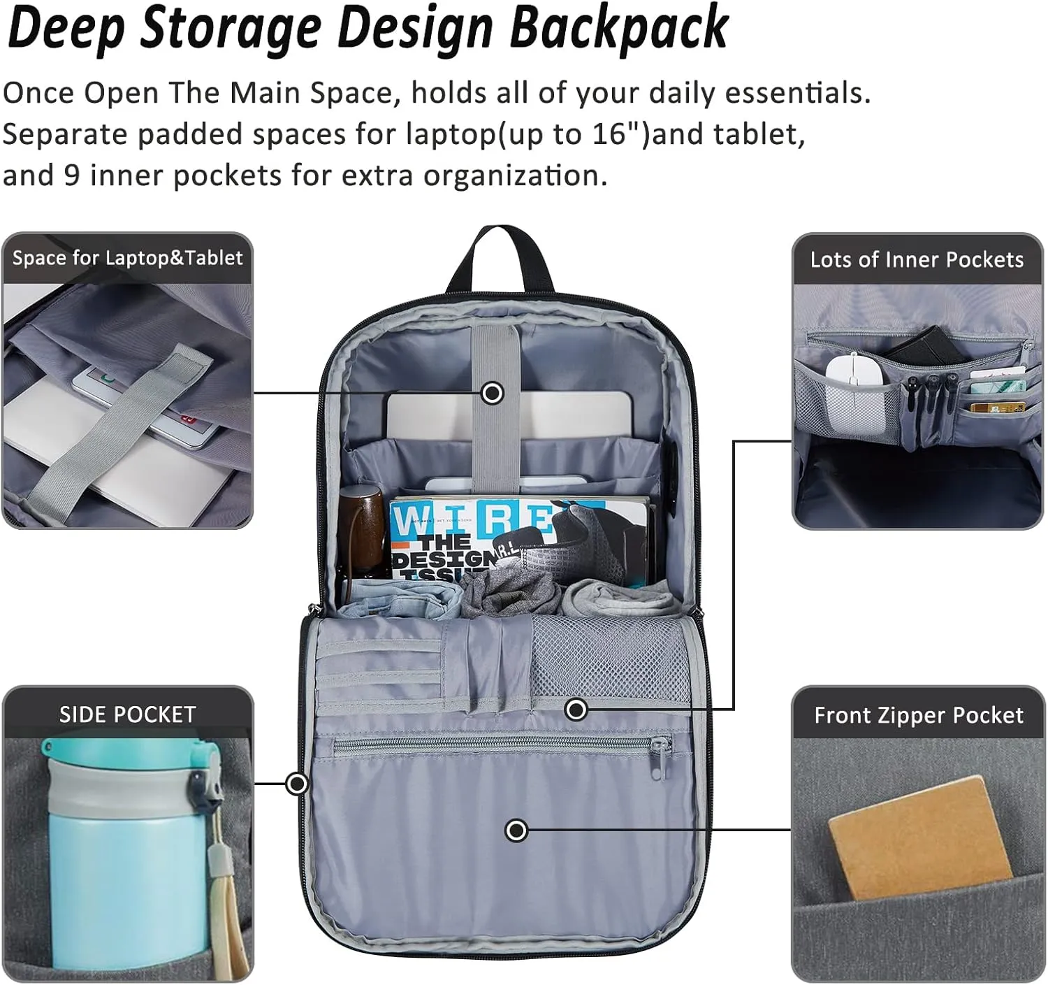 MAXTOP Deep Storage Laptop Backpack with USB Charging Port[Water Resistant] College Computer Bookbag Fits 16 Inch Laptop