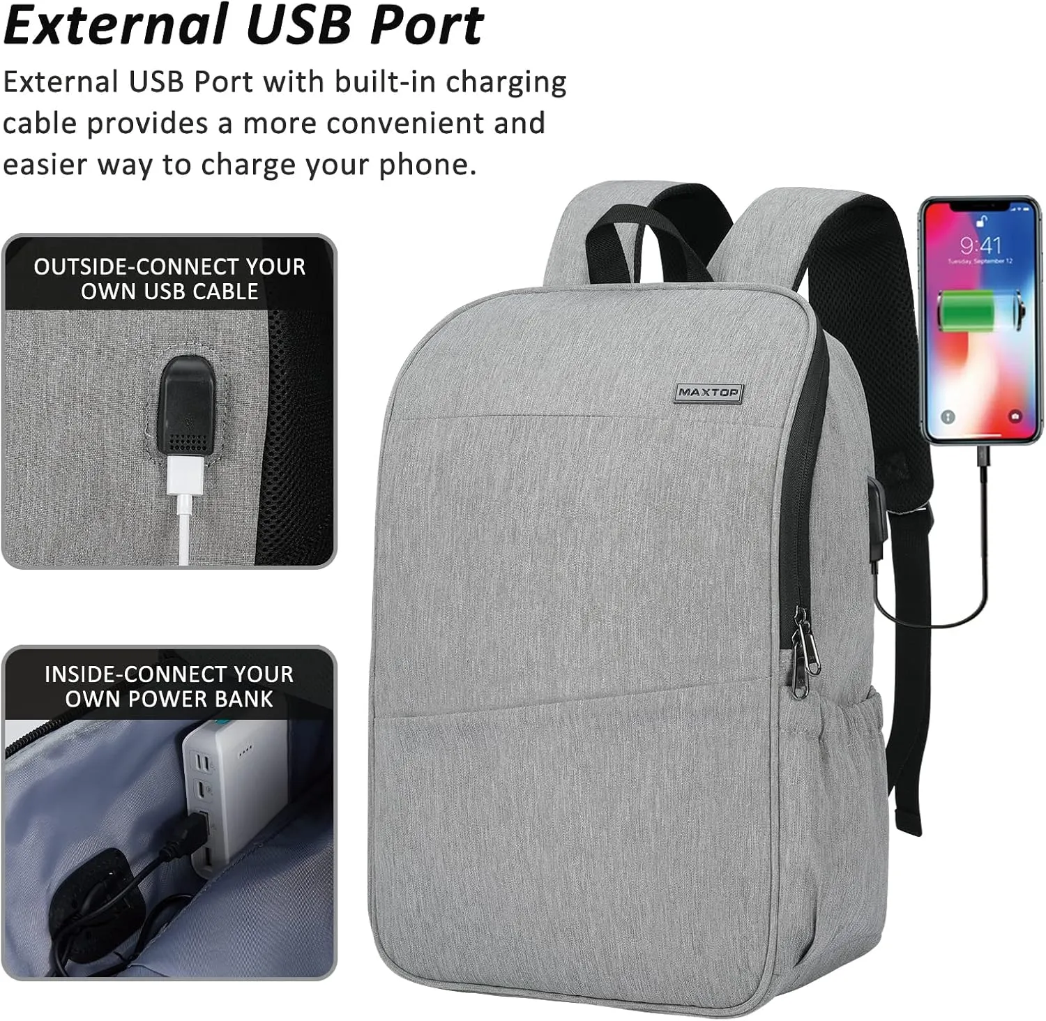 MAXTOP Deep Storage Laptop Backpack with USB Charging Port[Water Resistant] College Computer Bookbag Fits 16 Inch Laptop