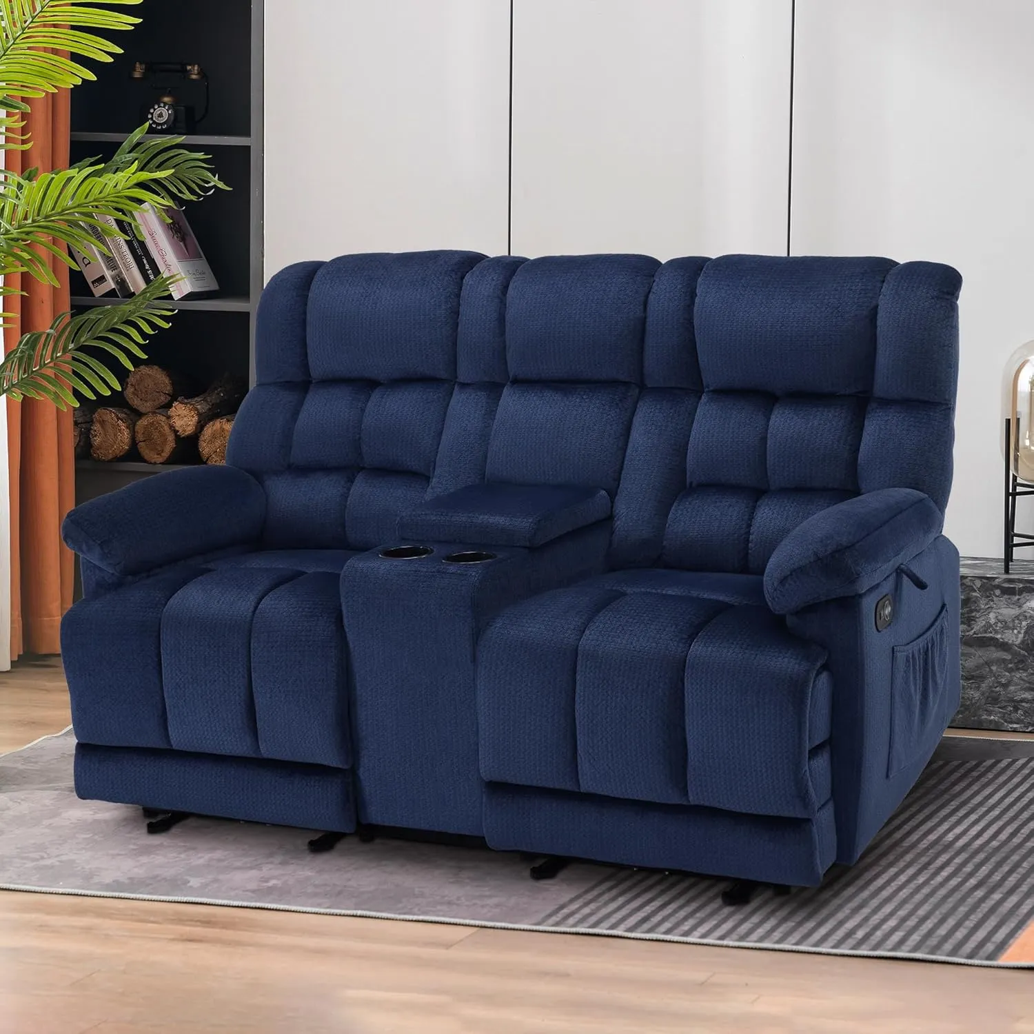 MCombo Fabric Power Loveseat Recliner with Console, Electric Reclining Loveseat Sofa with Heat and Vibration, USB Charge Ports for Living Room RS6234 (Navy Blue)