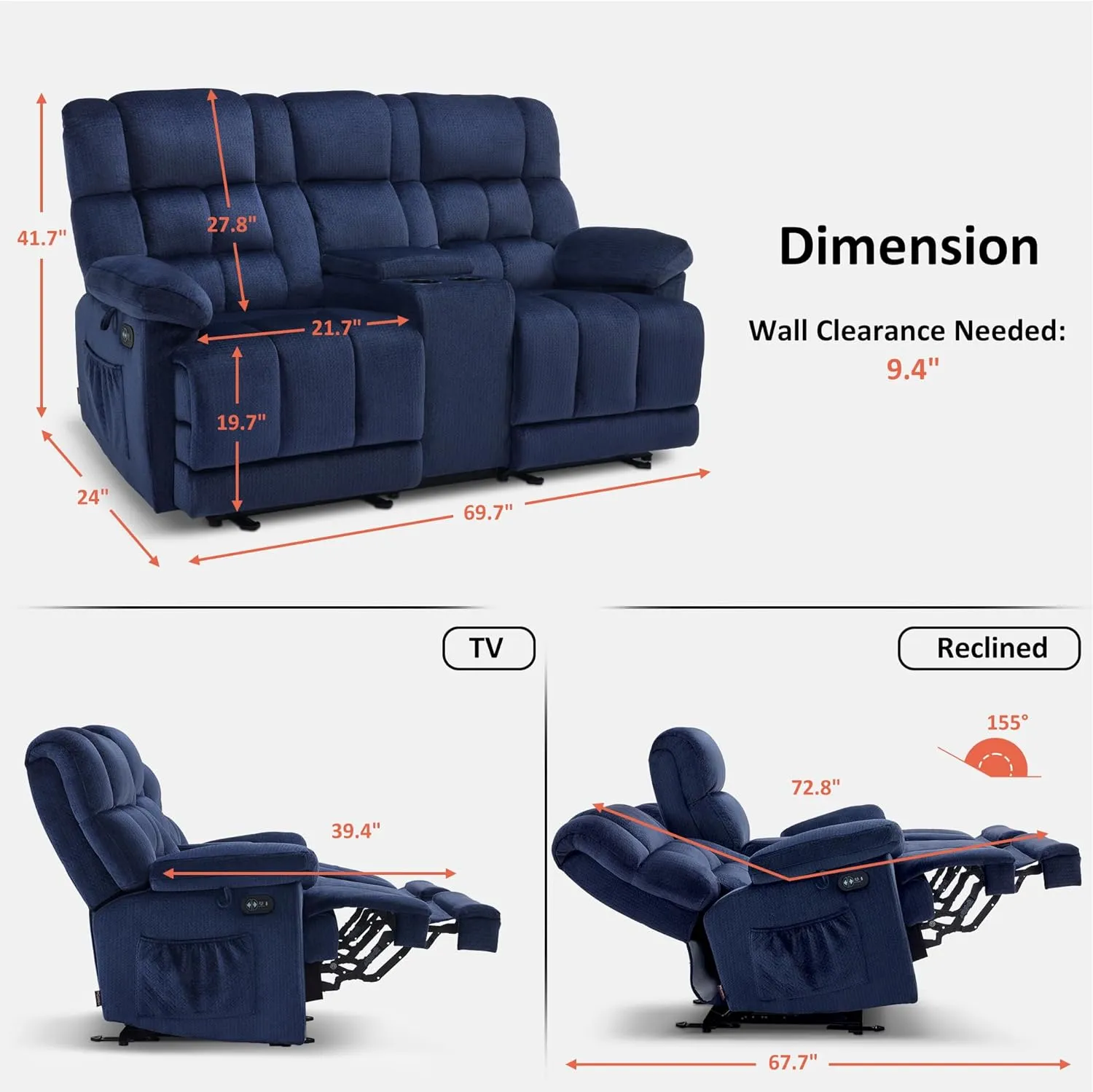 MCombo Fabric Power Loveseat Recliner with Console, Electric Reclining Loveseat Sofa with Heat and Vibration, USB Charge Ports for Living Room RS6234 (Navy Blue)