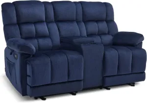 MCombo Fabric Power Loveseat Recliner with Console, Electric Reclining Loveseat Sofa with Heat and Vibration, USB Charge Ports for Living Room RS6234 (Navy Blue)