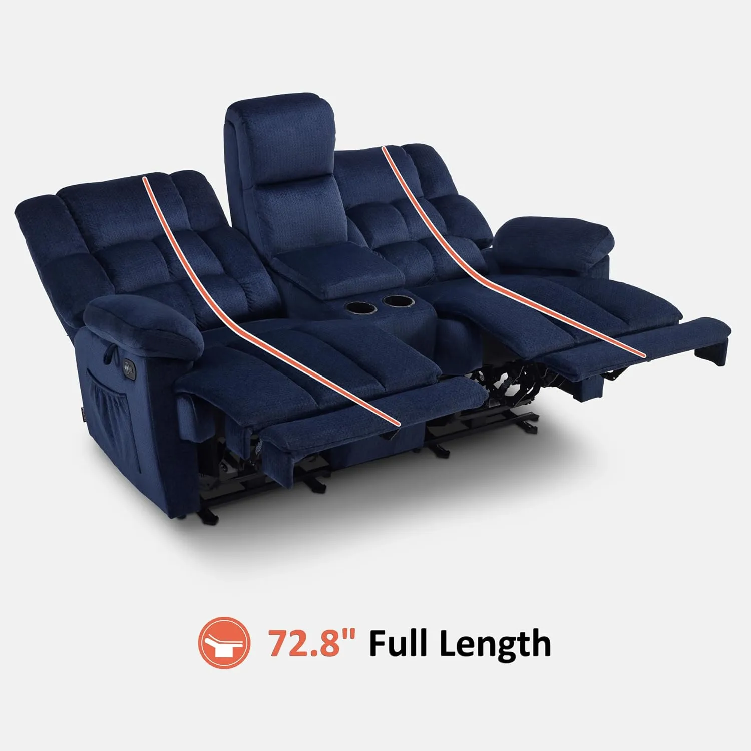 MCombo Fabric Power Loveseat Recliner with Console, Electric Reclining Loveseat Sofa with Heat and Vibration, USB Charge Ports for Living Room RS6234 (Navy Blue)