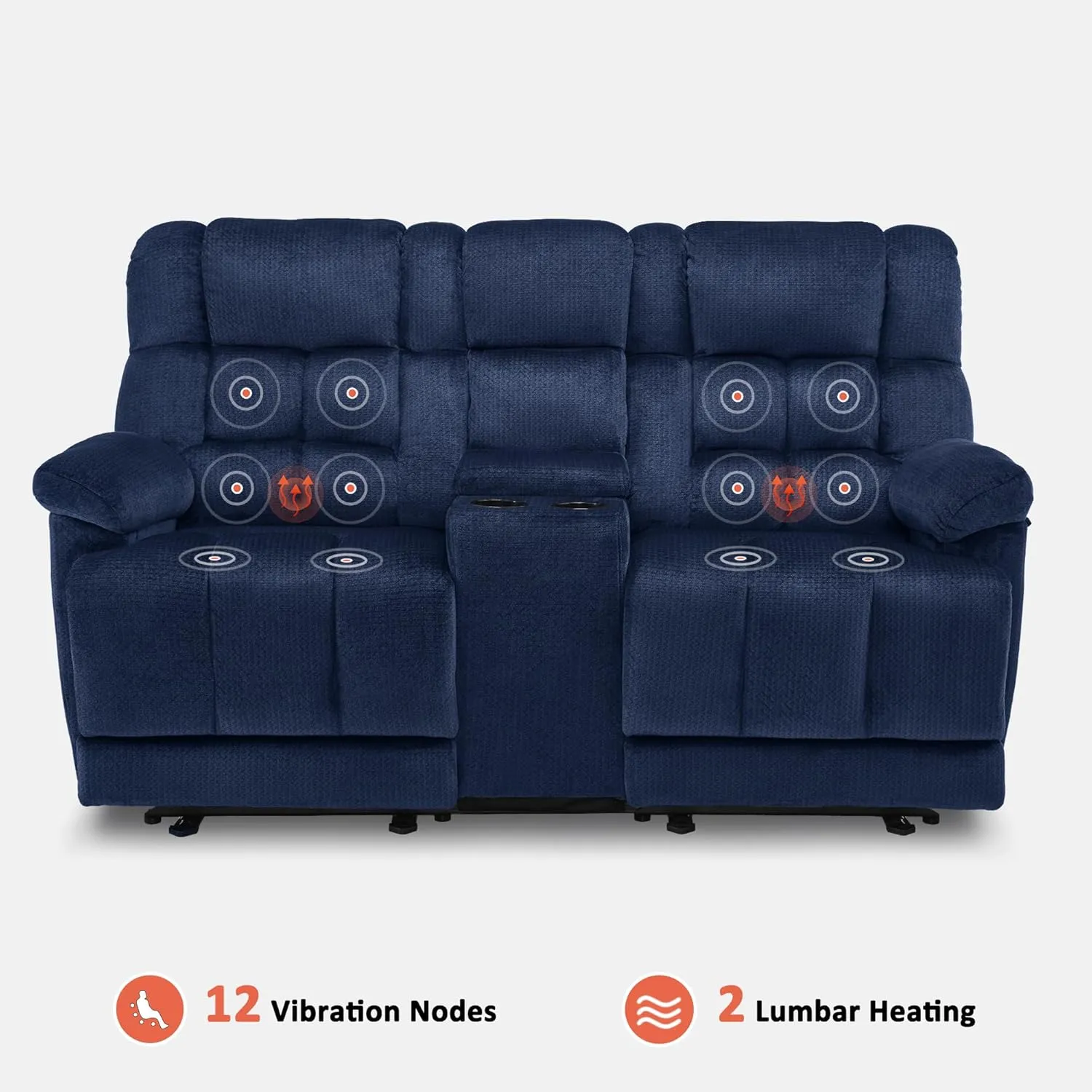 MCombo Fabric Power Loveseat Recliner with Console, Electric Reclining Loveseat Sofa with Heat and Vibration, USB Charge Ports for Living Room RS6234 (Navy Blue)