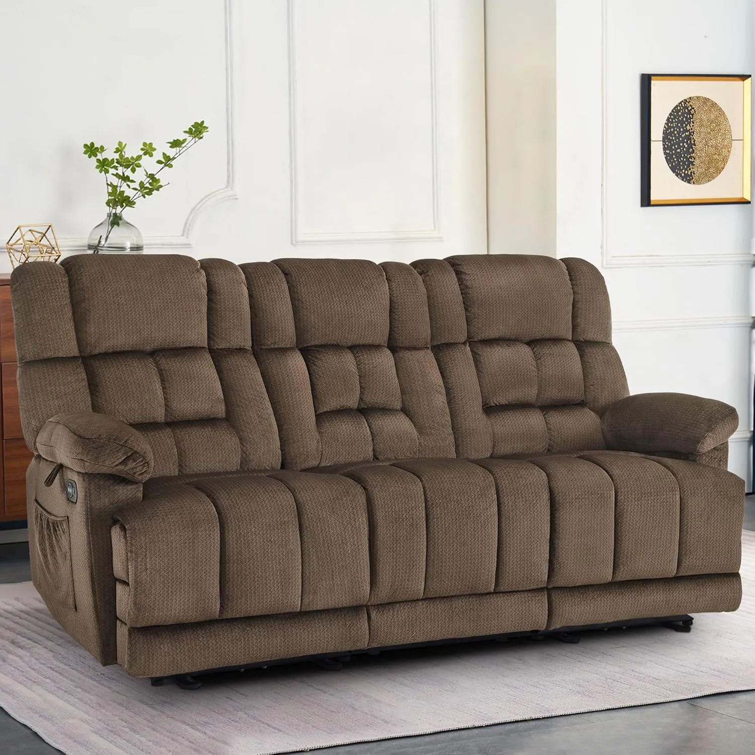 MCombo Power Reclining Sofa with Drop Down Table, Heat and Massage, USB Ports, 3 Seat Dual Recliner Couch for Living Room RS6236 (Dark Brown, Sofa with Drop Down Table)