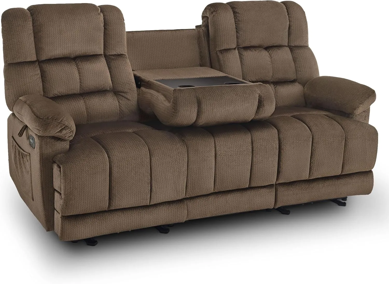 MCombo Power Reclining Sofa with Drop Down Table, Heat and Massage, USB Ports, 3 Seat Dual Recliner Couch for Living Room RS6236 (Dark Brown, Sofa with Drop Down Table)