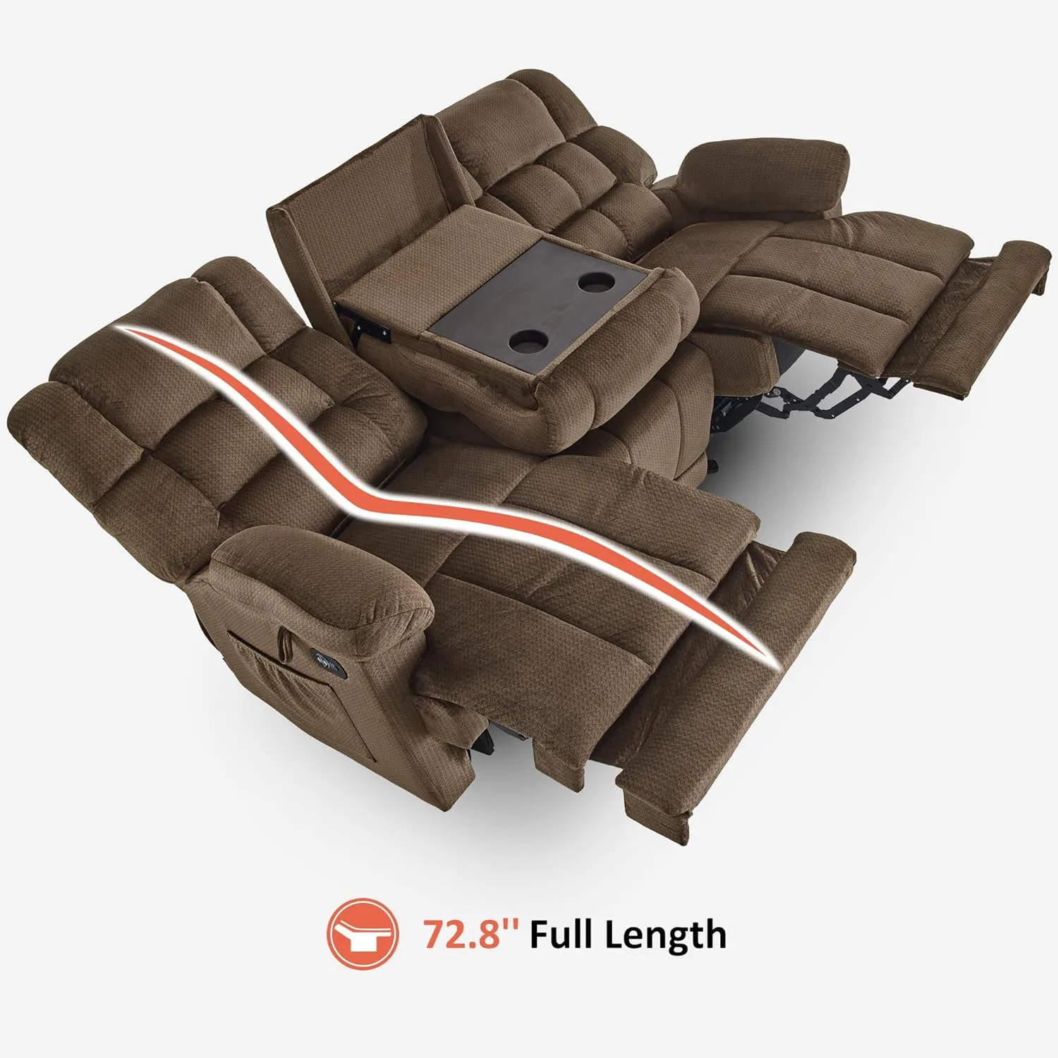 MCombo Power Reclining Sofa with Drop Down Table, Heat and Massage, USB Ports, 3 Seat Dual Recliner Couch for Living Room RS6236 (Dark Brown, Sofa with Drop Down Table)