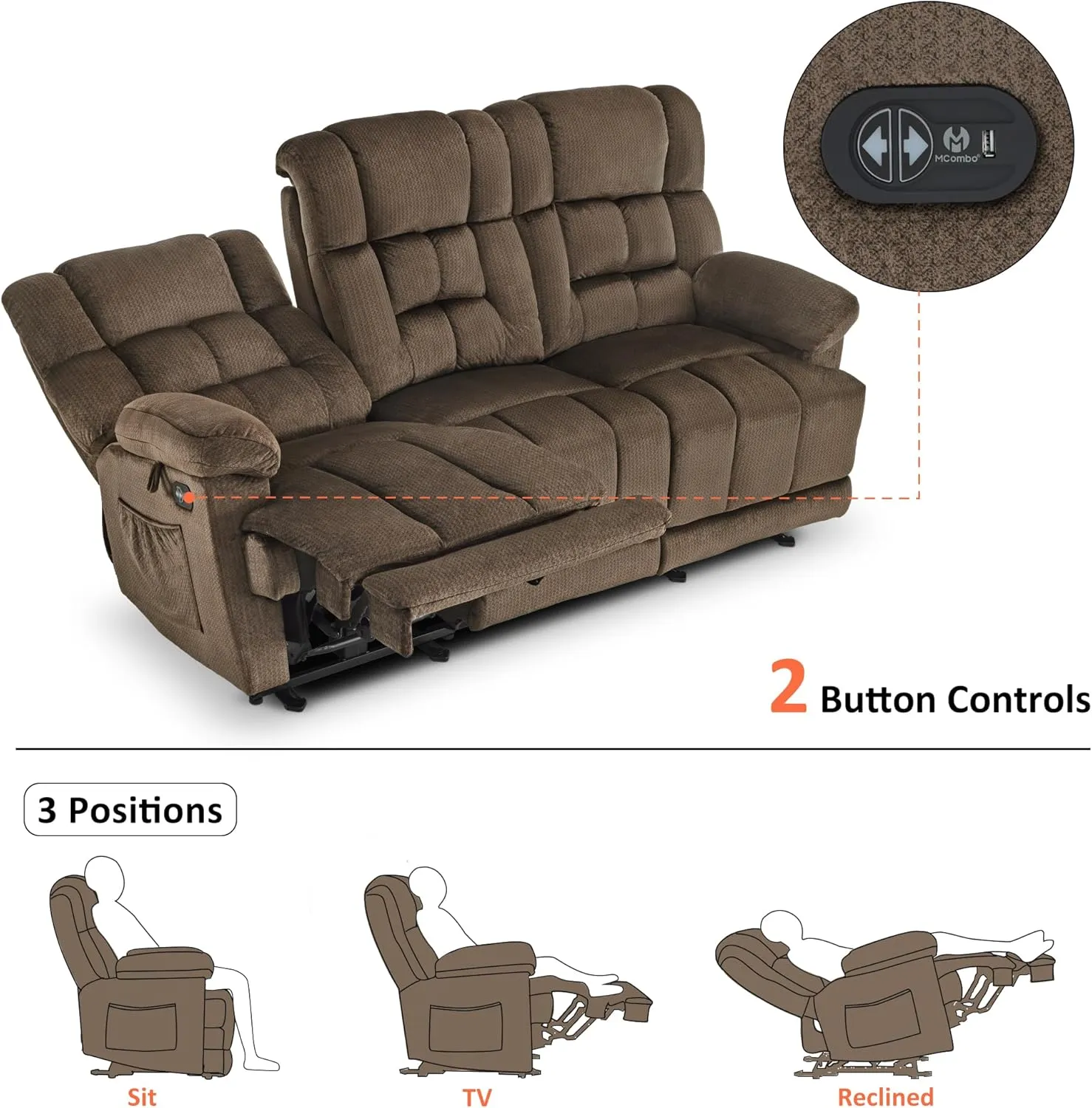 MCombo Power Reclining Sofa with Drop Down Table, Heat and Massage, USB Ports, 3 Seat Dual Recliner Couch for Living Room RS6236 (Dark Brown, Sofa with Drop Down Table)