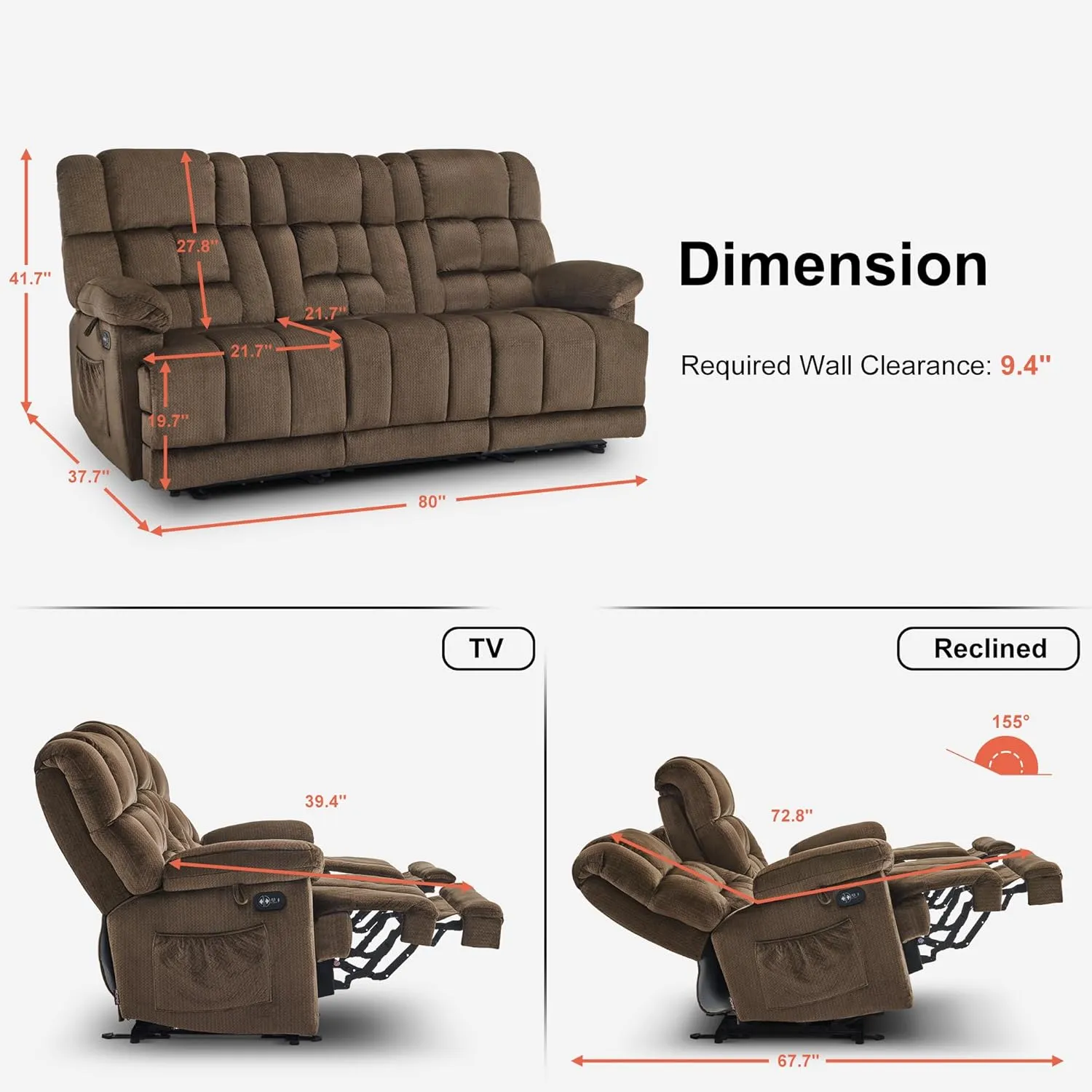 MCombo Power Reclining Sofa with Drop Down Table, Heat and Massage, USB Ports, 3 Seat Dual Recliner Couch for Living Room RS6236 (Dark Brown, Sofa with Drop Down Table)