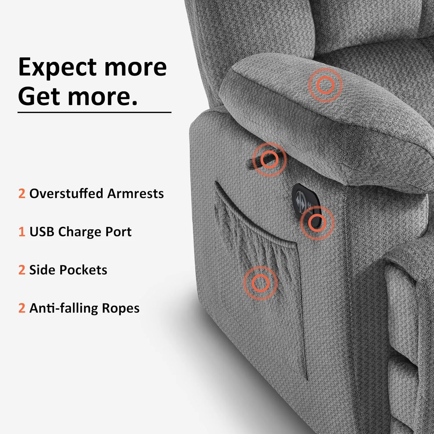 MCombo Power Reclining Sofa with Drop Down Table, Heat and Massage, USB Ports, 3 Seat Dual Recliner Couch for Living Room RS6236 (Grey, Sofa with Drop Down Table)
