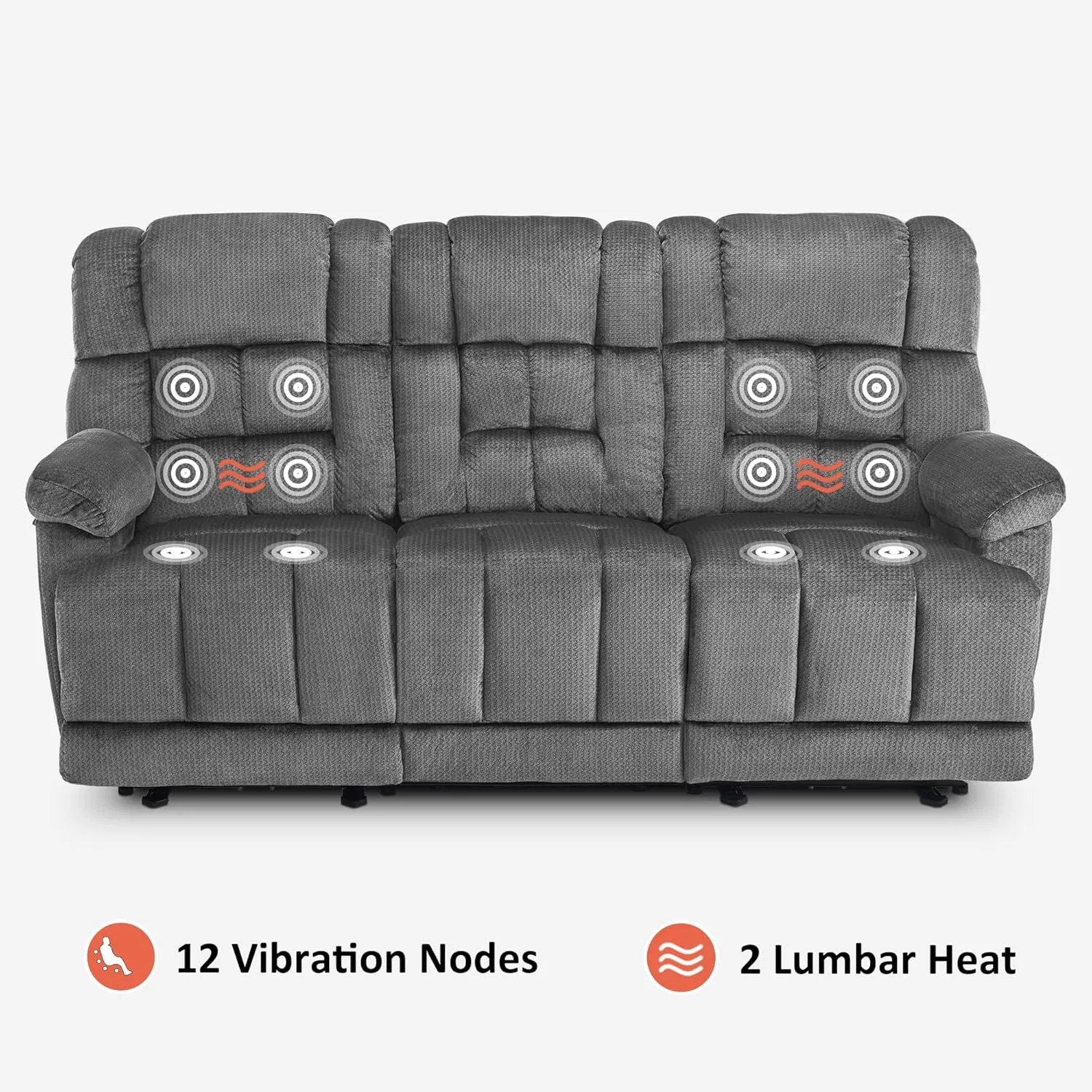 MCombo Power Reclining Sofa with Drop Down Table, Heat and Massage, USB Ports, 3 Seat Dual Recliner Couch for Living Room RS6236 (Grey, Sofa with Drop Down Table)