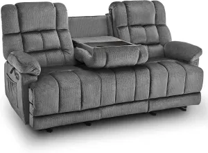 MCombo Power Reclining Sofa with Drop Down Table, Heat and Massage, USB Ports, 3 Seat Dual Recliner Couch for Living Room RS6236 (Grey, Sofa with Drop Down Table)
