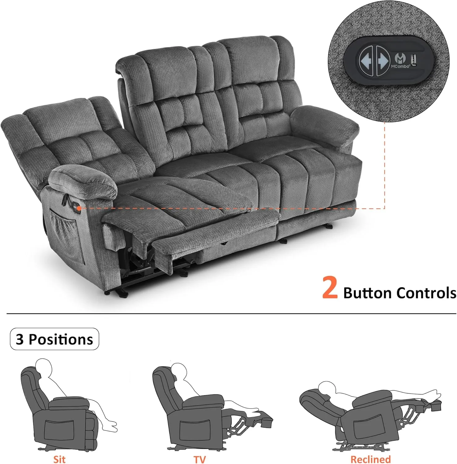 MCombo Power Reclining Sofa with Drop Down Table, Heat and Massage, USB Ports, 3 Seat Dual Recliner Couch for Living Room RS6236 (Grey, Sofa with Drop Down Table)