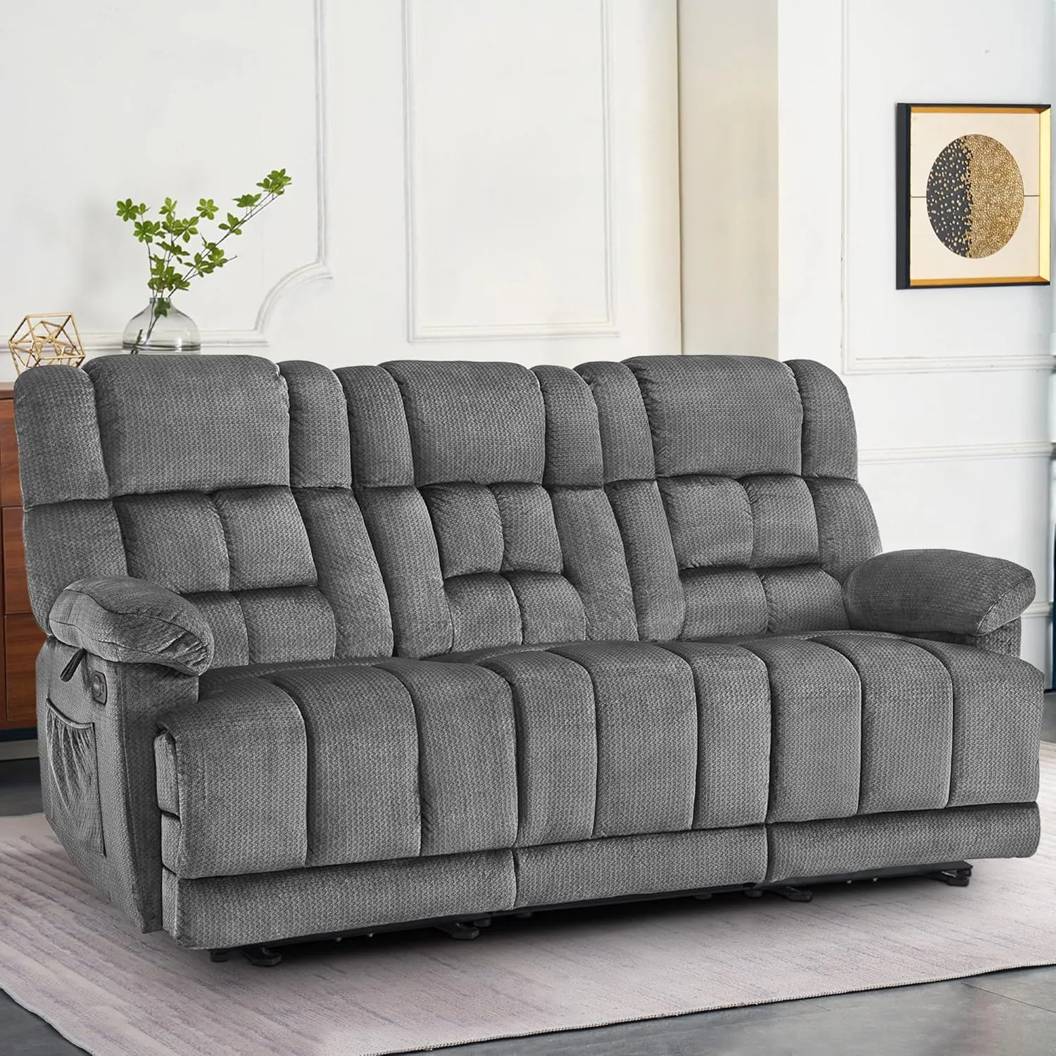 MCombo Power Reclining Sofa with Drop Down Table, Heat and Massage, USB Ports, 3 Seat Dual Recliner Couch for Living Room RS6236 (Grey, Sofa with Drop Down Table)